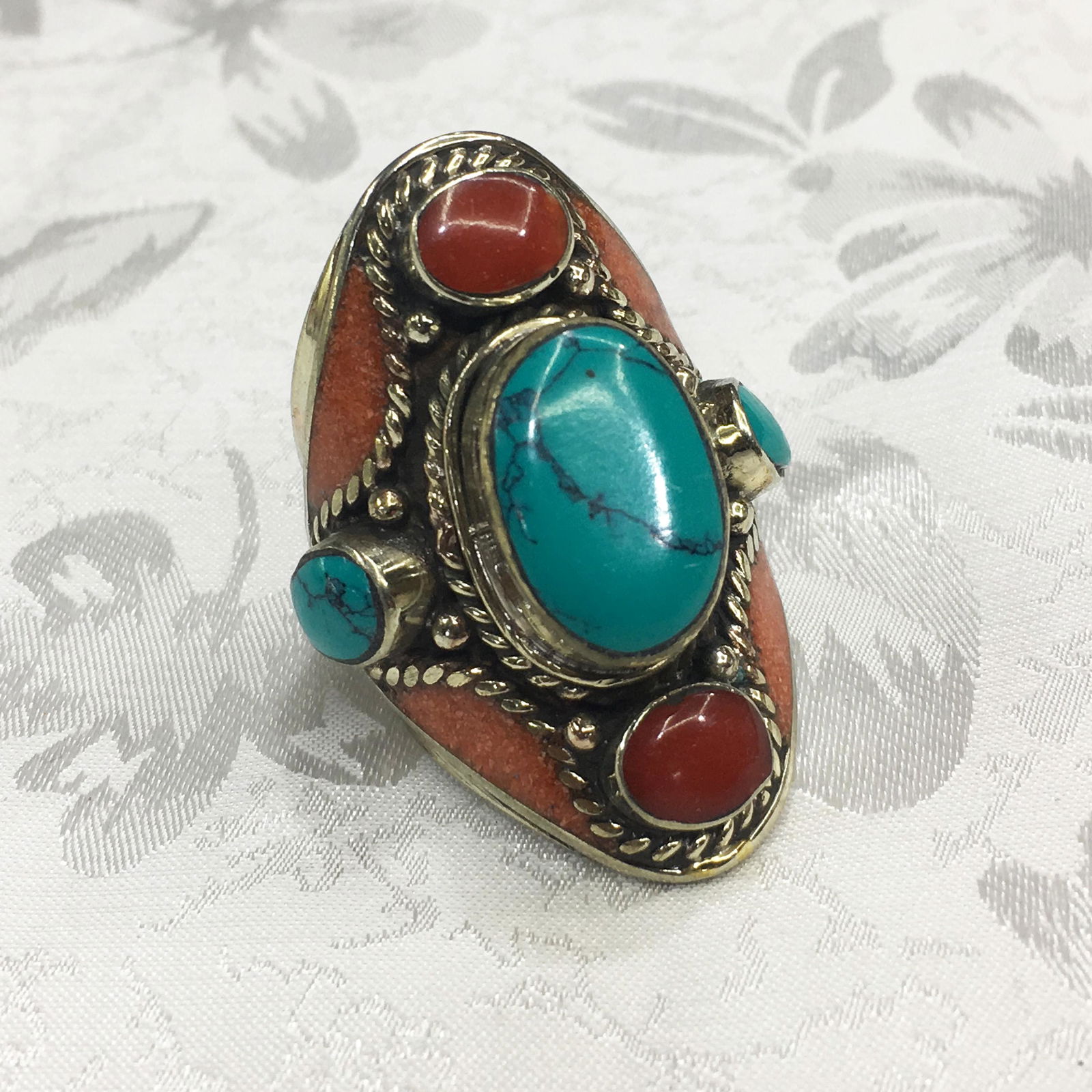11MM Tibetan Natural Turquoise & Coral Ethnic Ring (1 of 2)