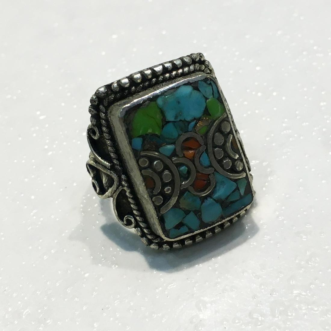 10MM Tibetan Natural Turquoise Old Ethnic Ring (1 of 2)