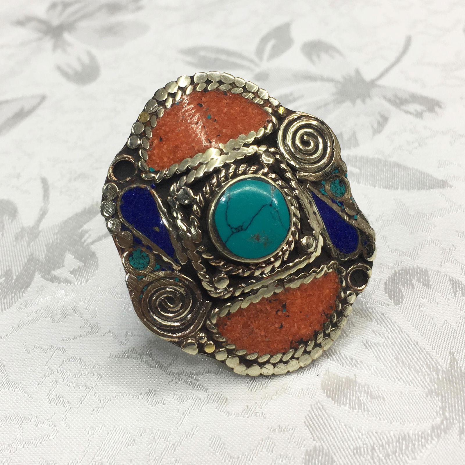 8.5MM Tibetan Natural Turquoise & Coral Ethnic Ring (1 of 2)