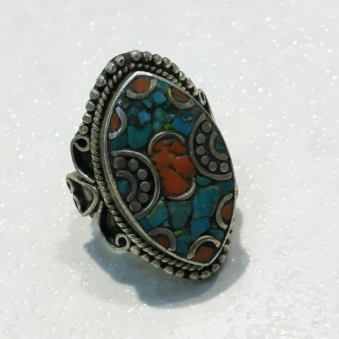 7.5MM Tibetan Natural Turquoise & Coral Old Ethnic Ring (1 of 2)