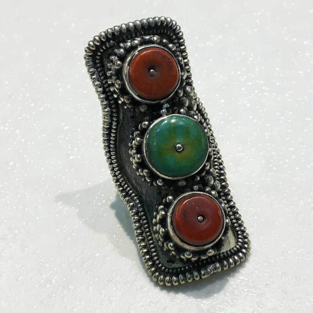 10MM Tibetan Natural Turquoise & Coral Old Ethnic Ring (1 of 2)
