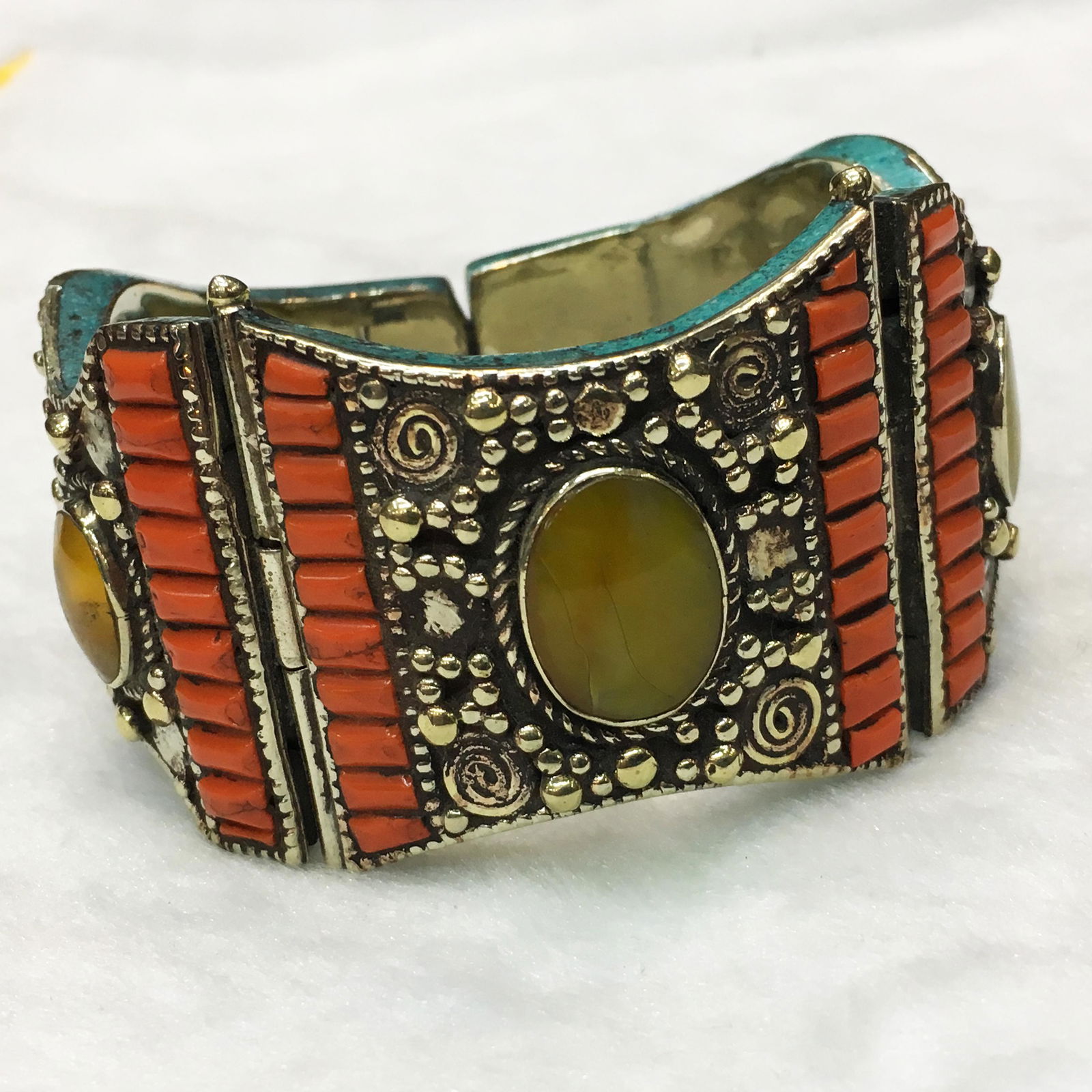 Tibtan hand carved Natural Coral & Amber Bangle (1 of 3)