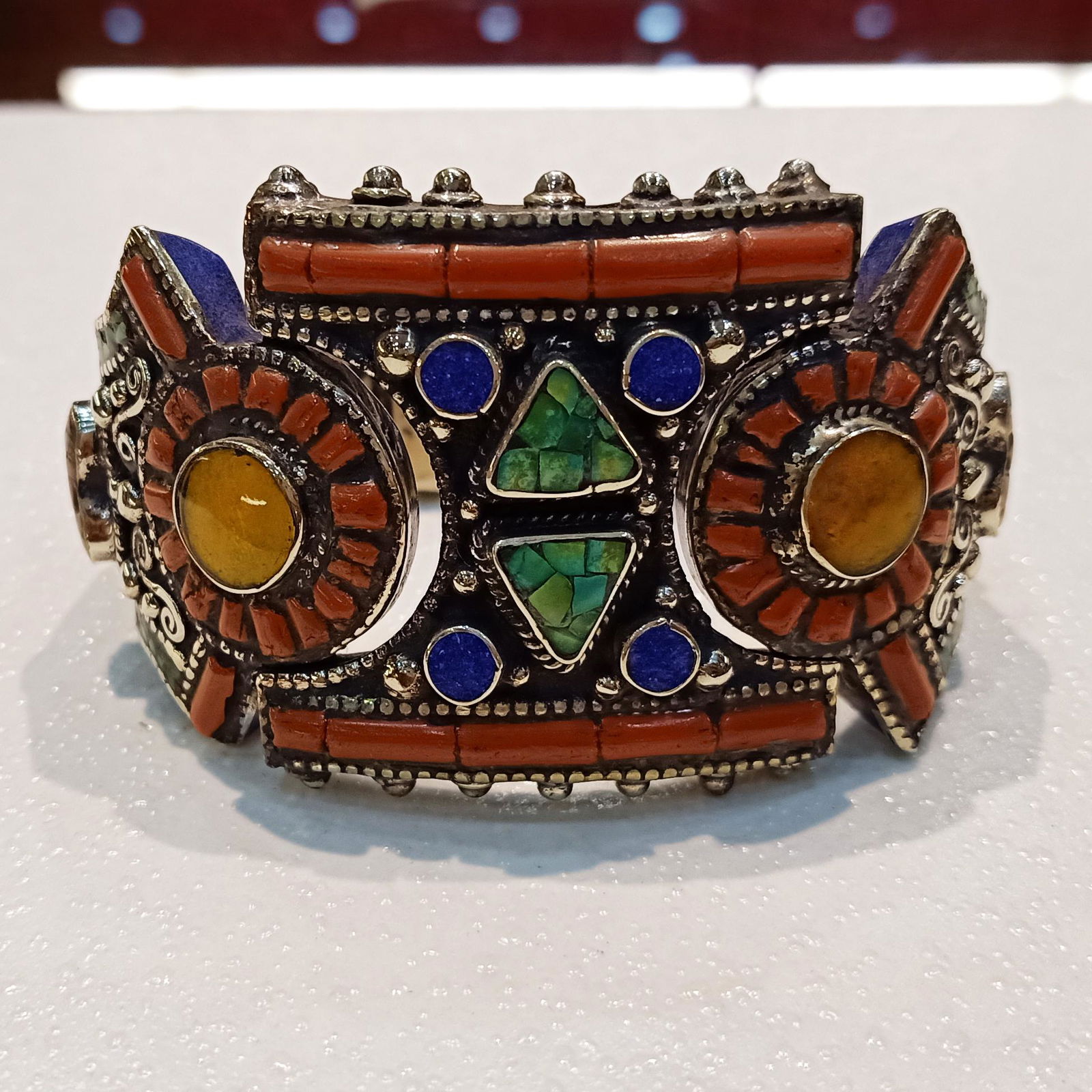 Tibtan hand carved Ethnic Turquoise & Amber Bangle (1 of 4)