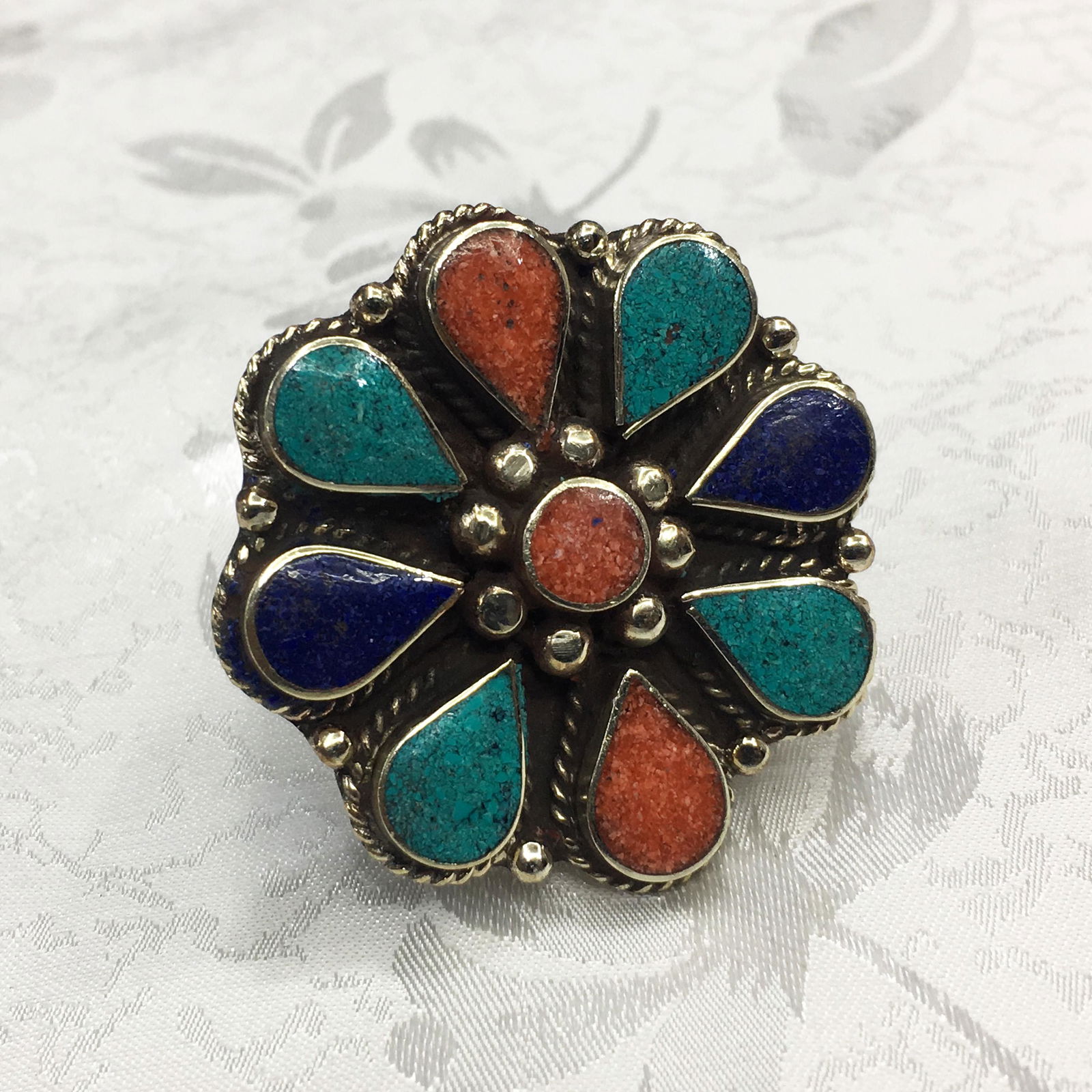 9MM Tibetan Natural Turquoise & Coral Ethnic Ring (1 of 2)