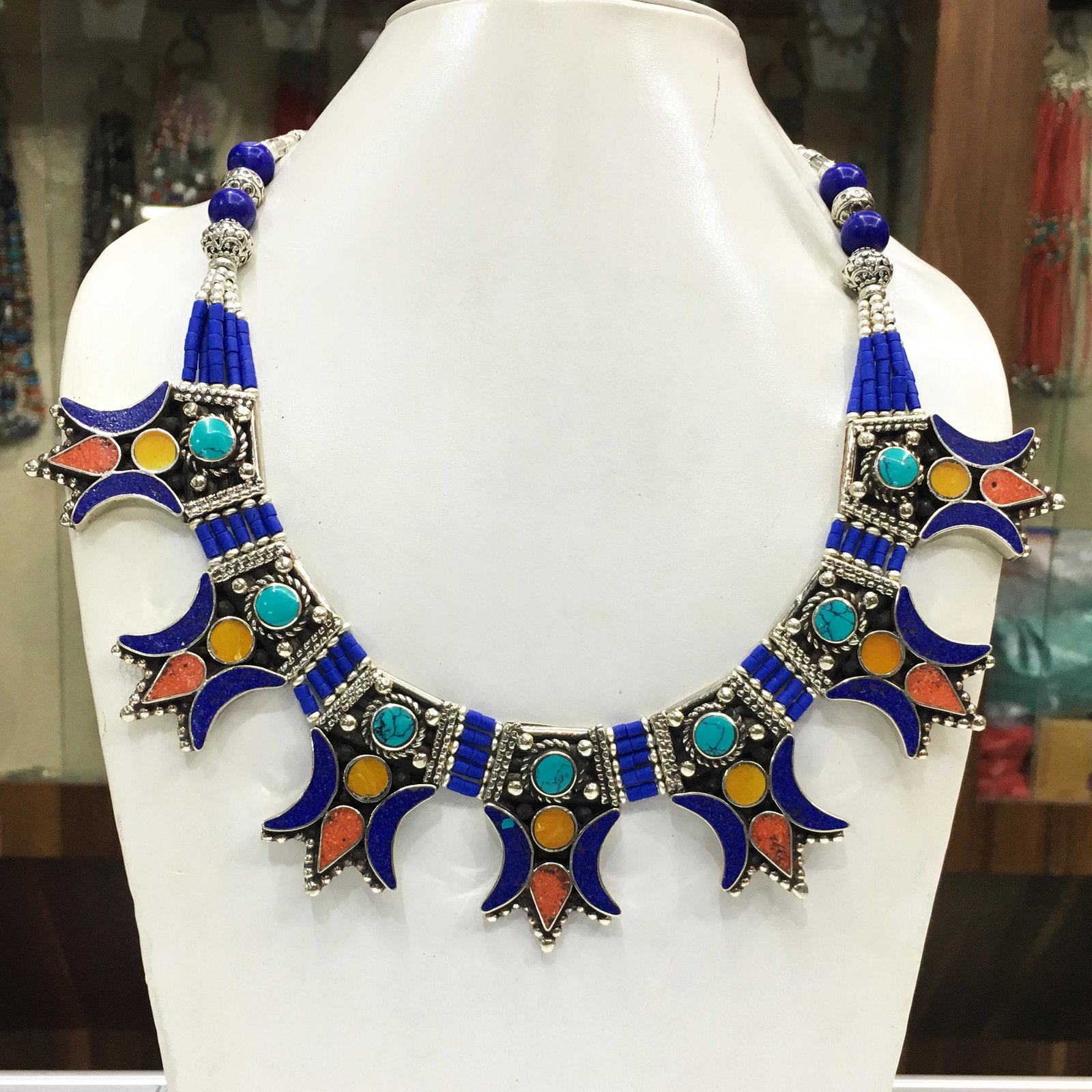 Gypsy Ethnic Amber & Lapis Choker Handmade Necklace: Tibet Natural Stone Hand Made Coral Necklace......This elegant Necklace was handcrafted in Tibet, the home of exquisite jewelry craftsmanship. It was skillfully made with large natural Turquoise, each