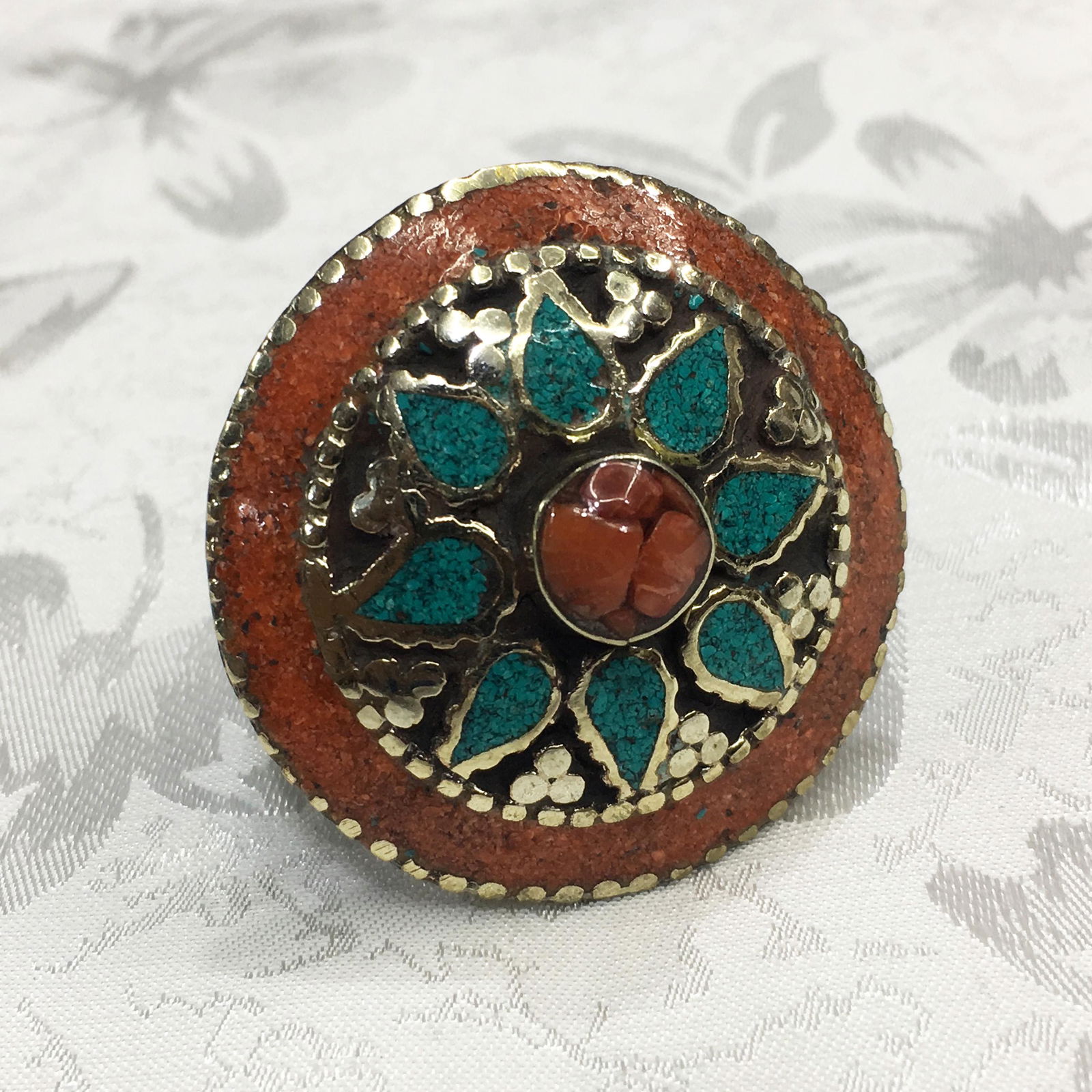 10MM Tibetan Natural Turquoise & Coral Ethnic Ring (1 of 2)
