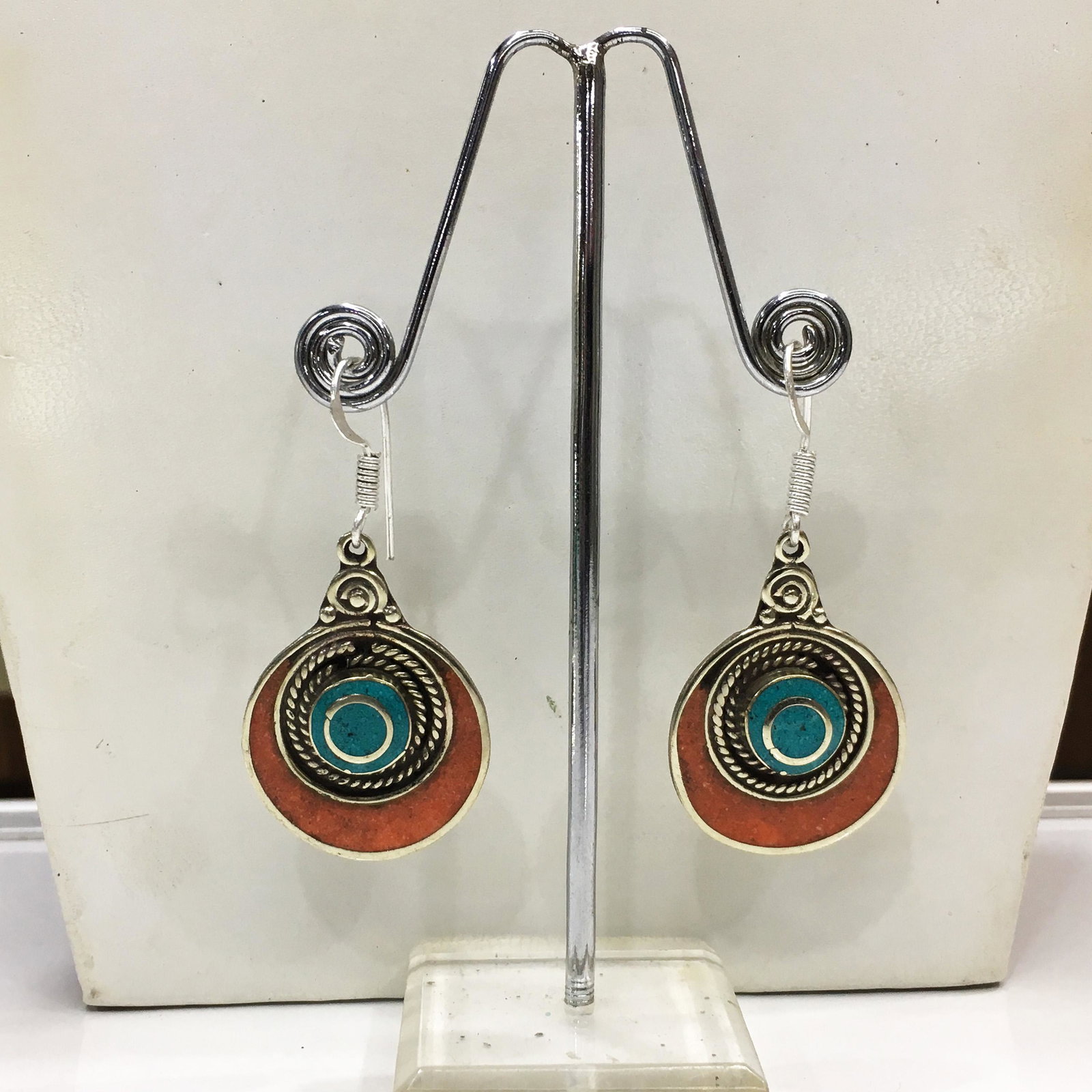 Tibetan Coral & Turquoise Handmade Ethnic Earrings: Tibetan Handmade Ethnic Earrings Main Stone: Turquoise, Coral & Lapis Metal: Tibetan Silver Material: Stone Brand: Handmade Style: Bohemian Ethnic Origin: Tibetan Country/Region of Manufacture: Nepal