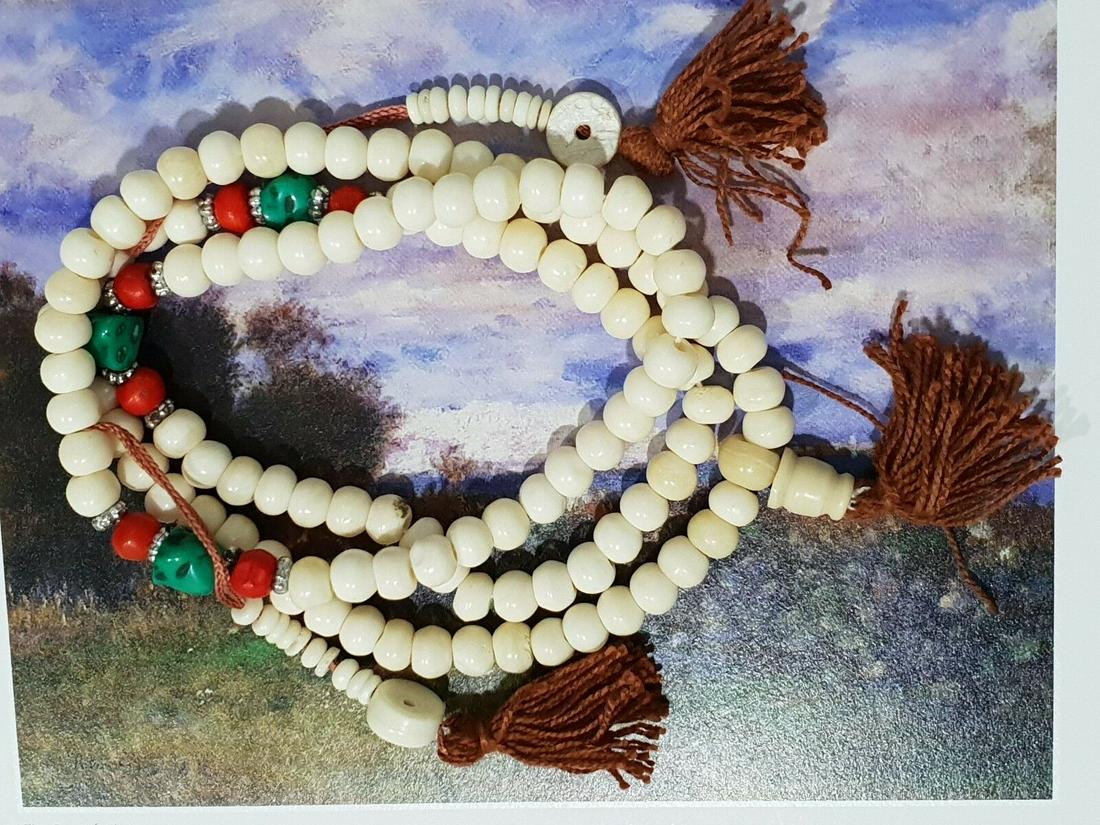 Tibetan Buddhist 108 Beads Mala Bone Turquoise & Coral: Tibetan Buddhist 108 Beads Mala Bone Turquoise & Coral Gemstone: Turquoise, Coral & Bone Country/Region of Manufacture: Nepal 108 Meditation Prayer Beads Buddhist mala or prayer beads is used for coun
