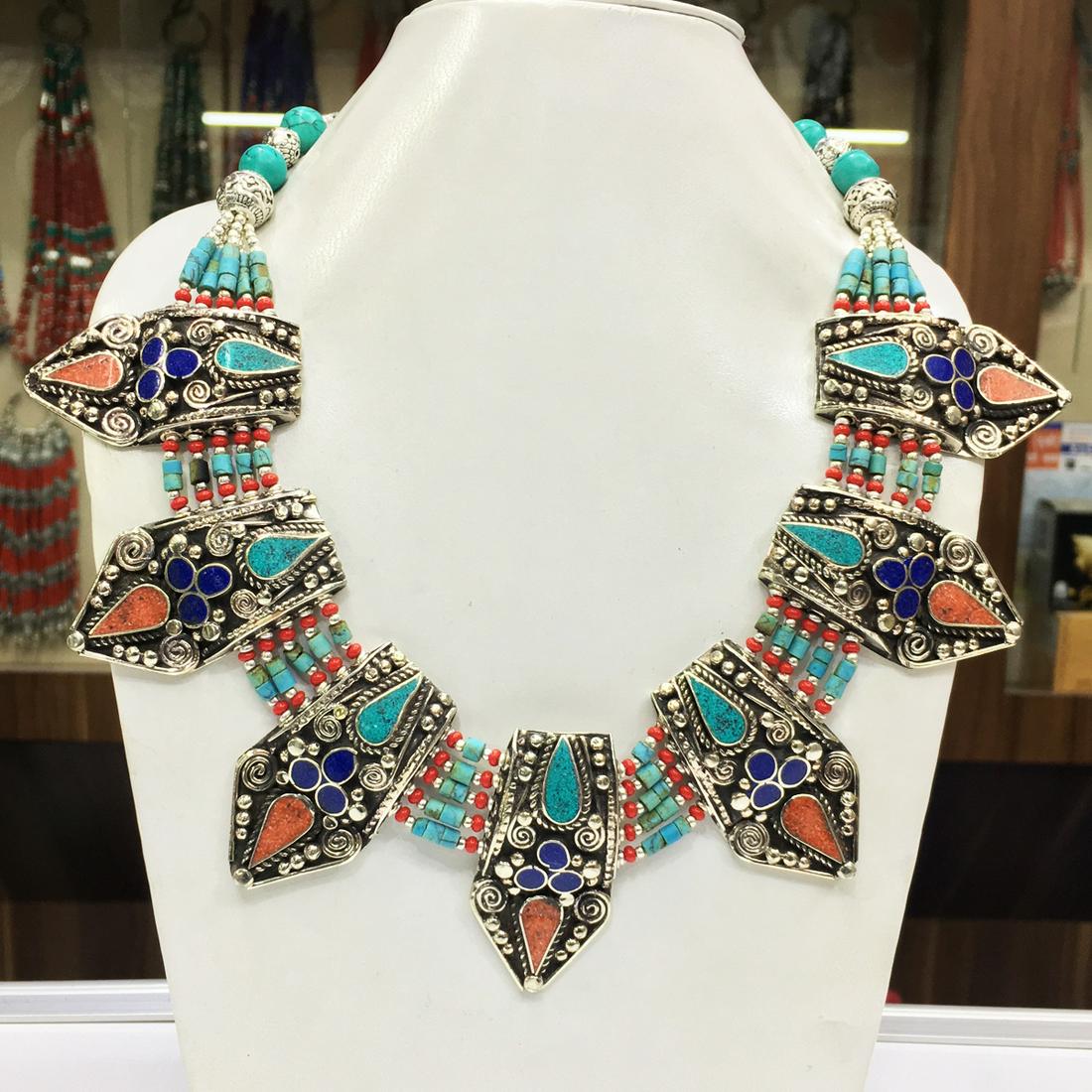 Tibetan Turquoise & Coral Ethnic Chokar Necklace (1 of 1)