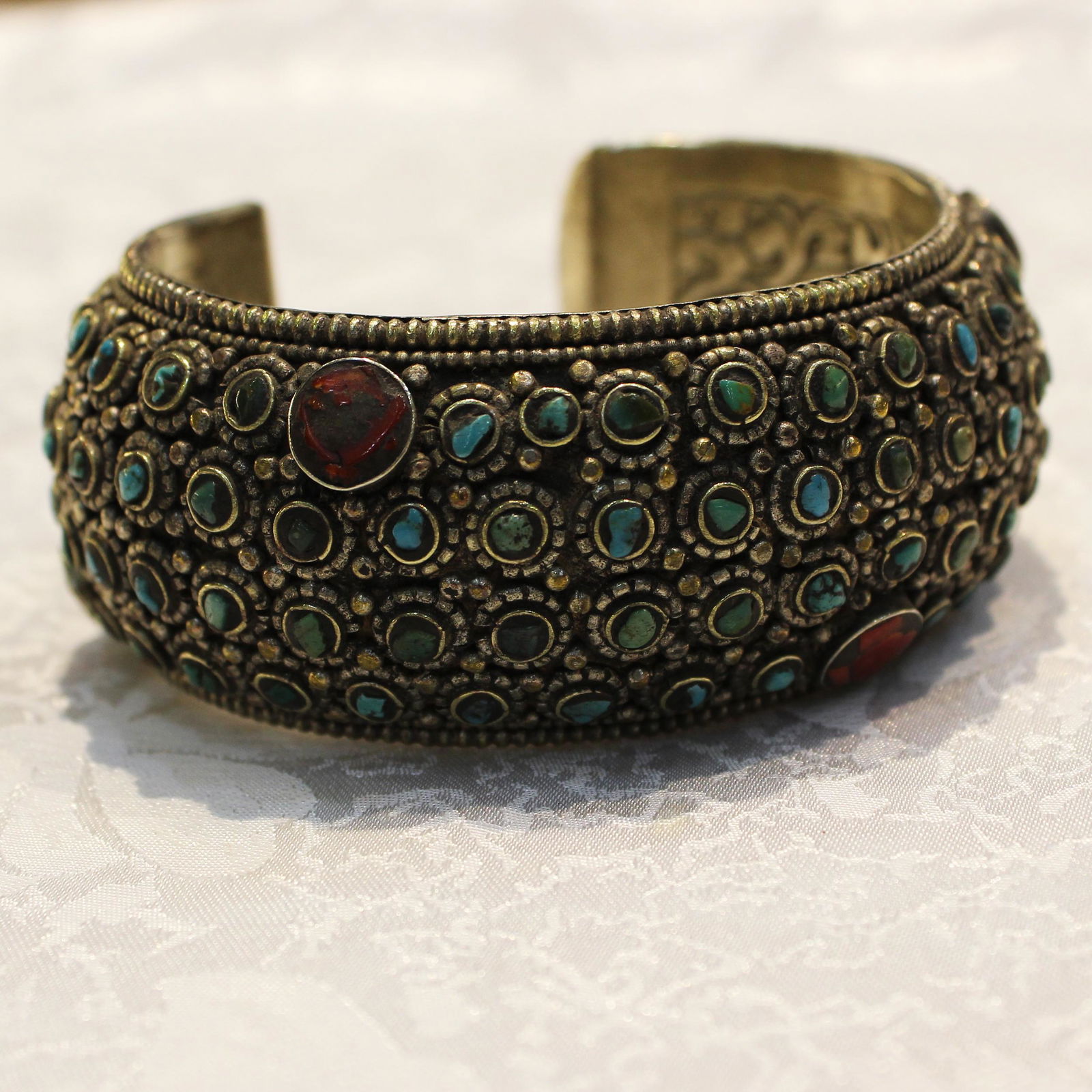 Hand-Carved Turquoise & Coral Handmade Old Bangle (1 of 3)