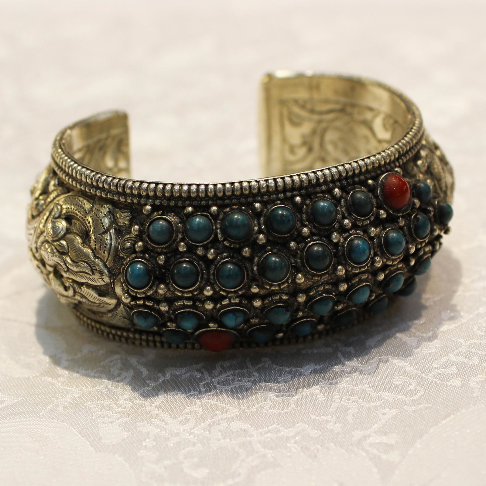 Hand-Carved Turquoise & Coral Handmade Old Bangle (1 of 3)