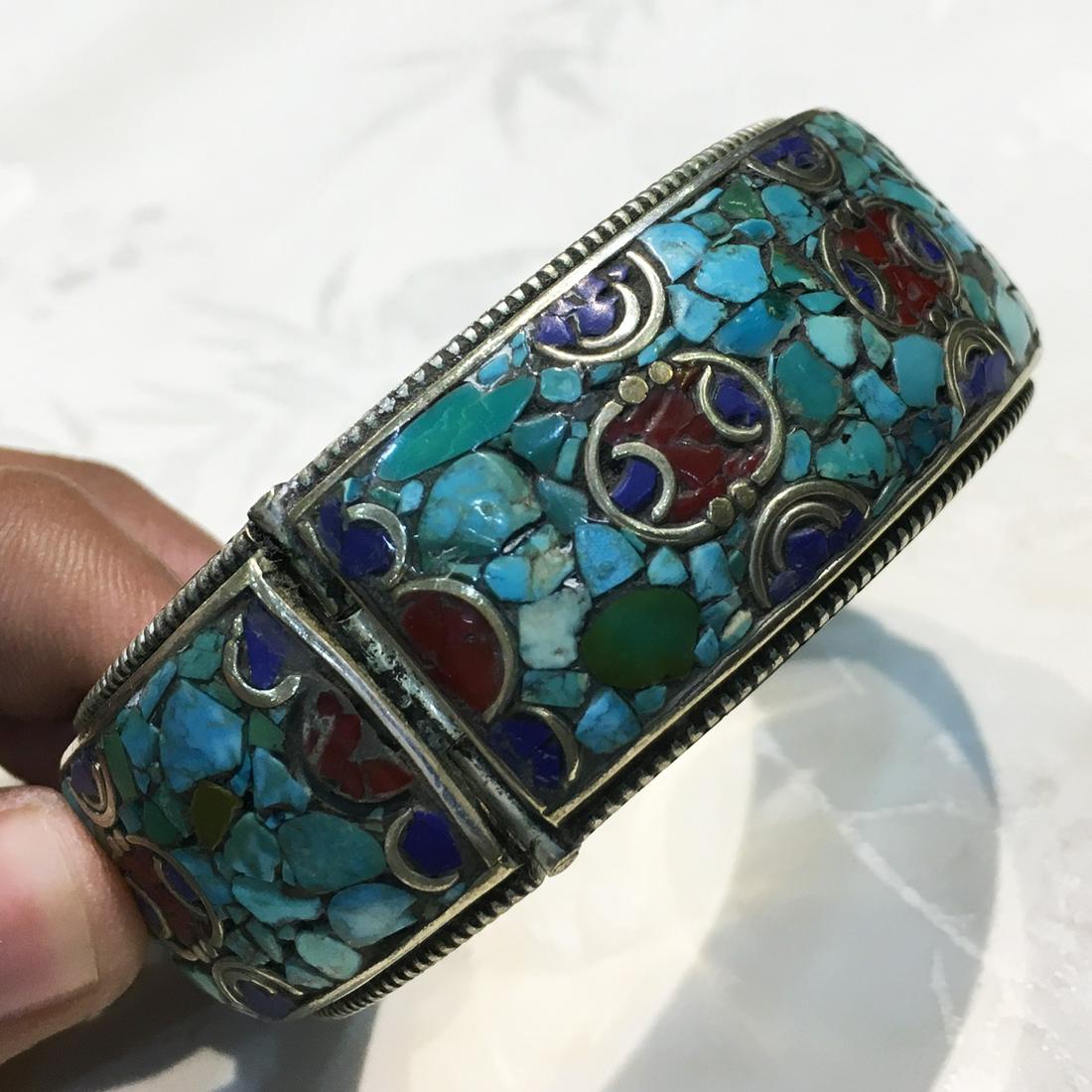 Gypsy Tibetan Designer Turquoise & Coral Bangle (1 of 3)