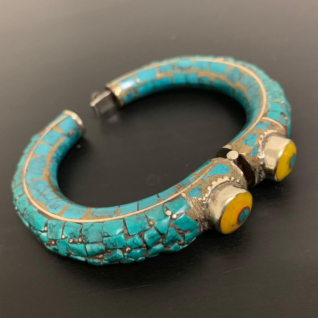 925 Sterling Silver Turquoise & Amber Tibetan Bangle (1 of 1)