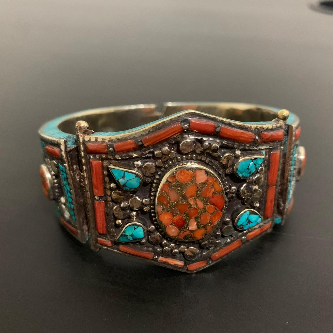Tibetan Natural Turquoise & Coral Handmade Bangle (1 of 1)