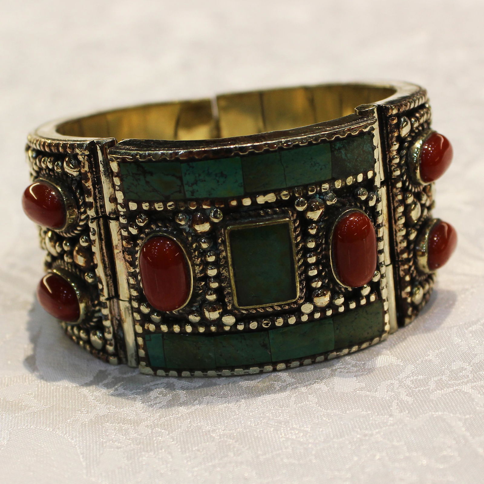 Gypsy Ethnic Turquoise & Coral Handmade Boho Bangle (1 of 3)