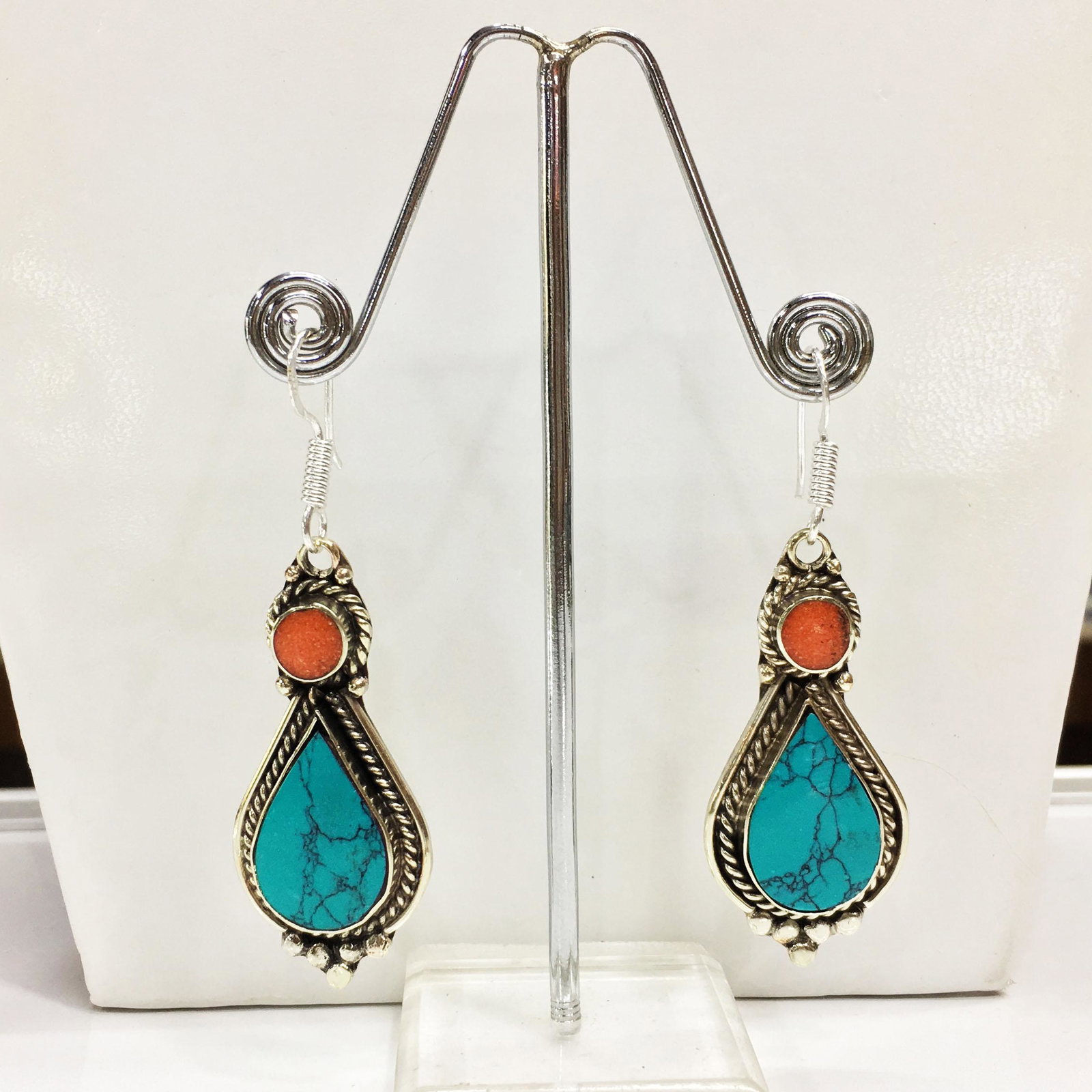 Tibetan Turquoise & Coral Handmade Chokar Earrings: Tibetan Handmade Ethnic Earrings Main Stone: Lapis Metal: Tibetan Silver Material: Stone Brand: Handmade Style: Bohemian Ethnic Origin: Tibetan Country/Region of Manufacture: Nepal