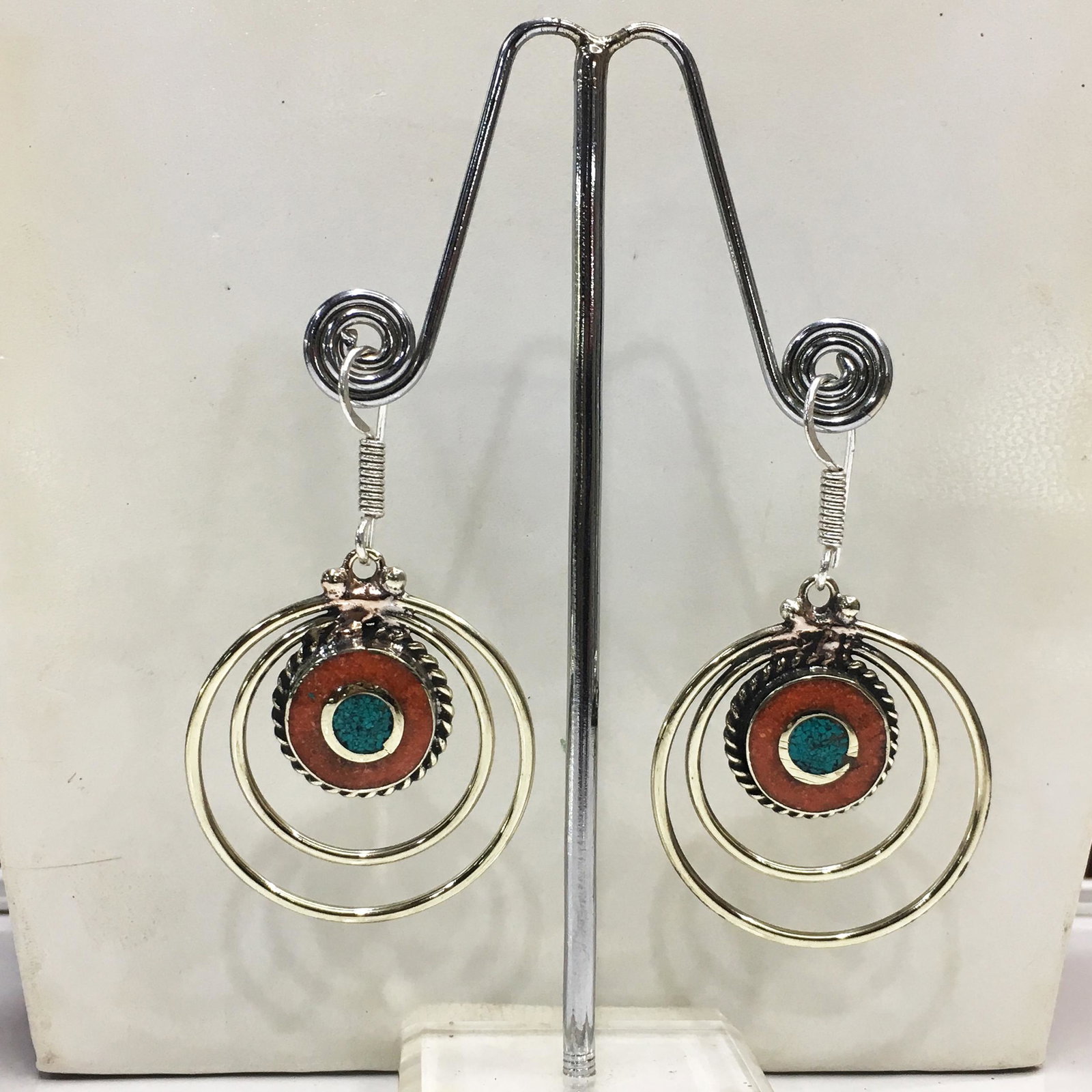 Tibetan Coral Handmade Ethnic Earrings: Tibetan Handmade Ethnic EarringsMain Stone: Turquoise, Coral & LapisMetal: Tibetan SilverMaterial: StoneBrand: HandmadeStyle: BohemianEthnic Origin: TibetanCountry/Region of Manufacture: Nepal