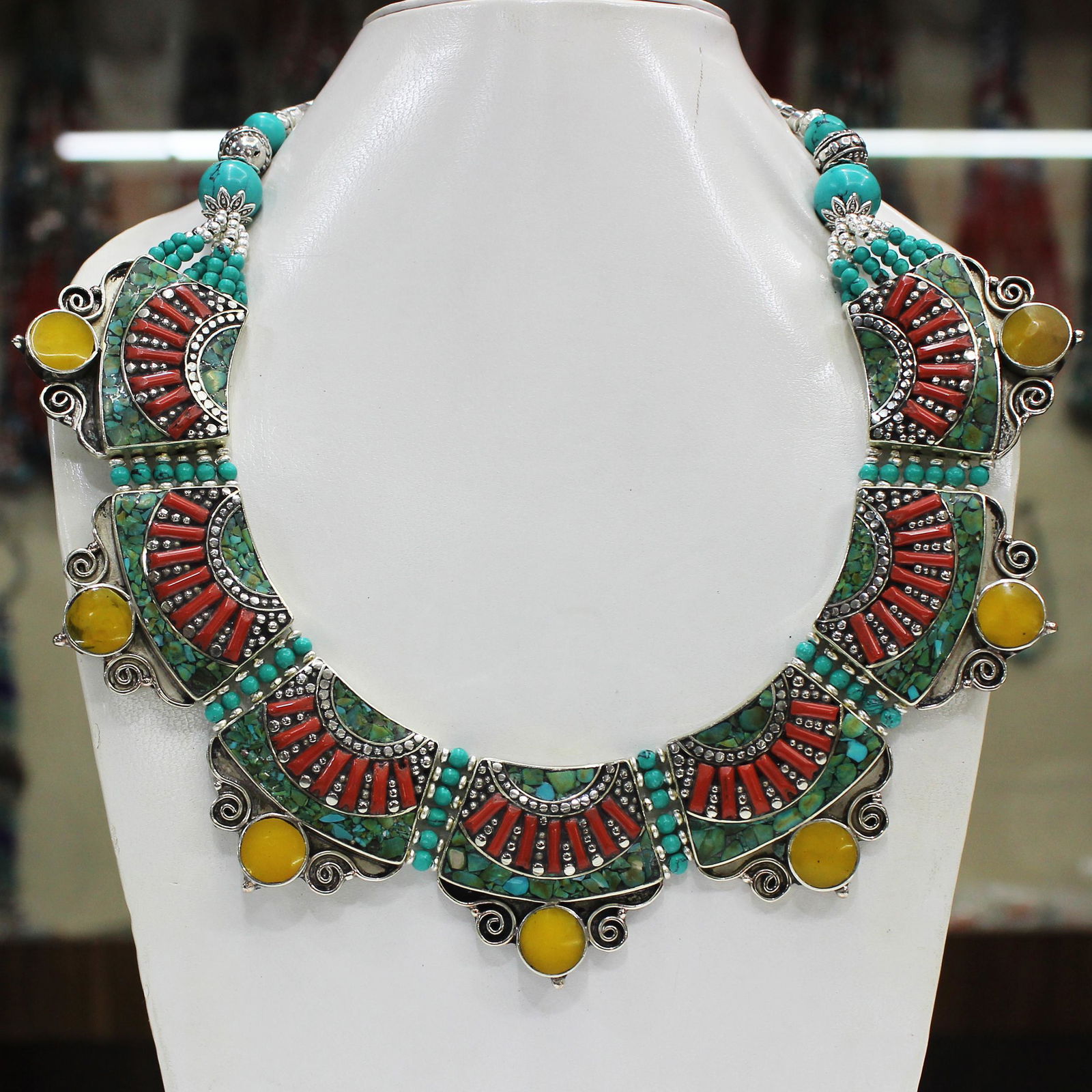 Tibetan Turquoise & Amber Chokar Boho Beaded Necklace (1 of 1)