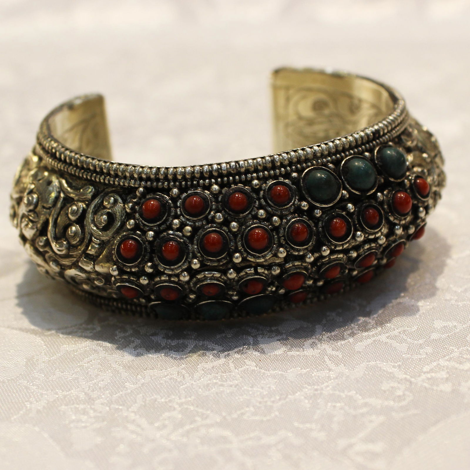 Hand-Carved Turquoise & Coral Handmade Old Bangle (1 of 3)
