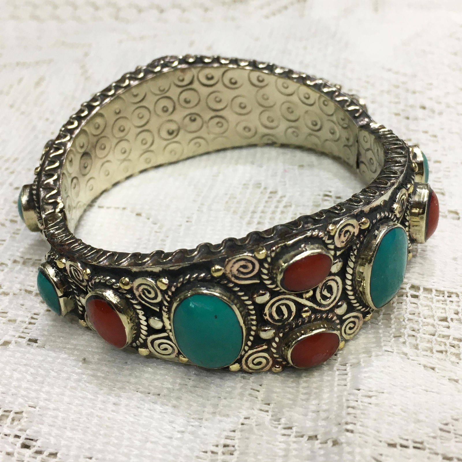 Tibetan Silver Turquoise Hand-Carved Bangle (1 of 3)