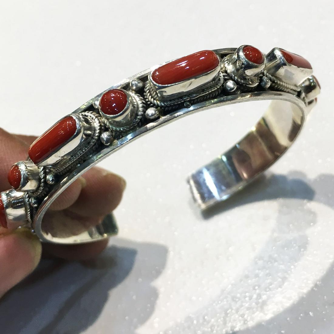 925 Sterling Silver Natural Coral Handmade Bangle (1 of 3)