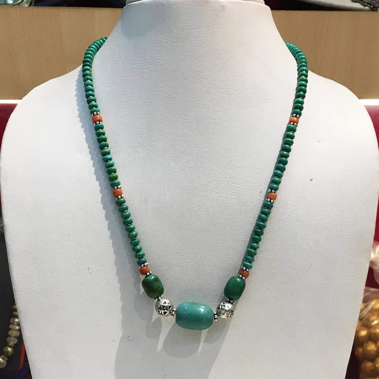 Buddhist Vintage Tibetan Turquoise Nepali Ethnic: Natural Old Turquoise & Coral NecklaceWeight: 25 Gram ApproxGemstones: Natural Turquoise & CoralBrand: HandmadeNecklace Length: 18” ApproxCountry/Region of Manufacture: Nepal