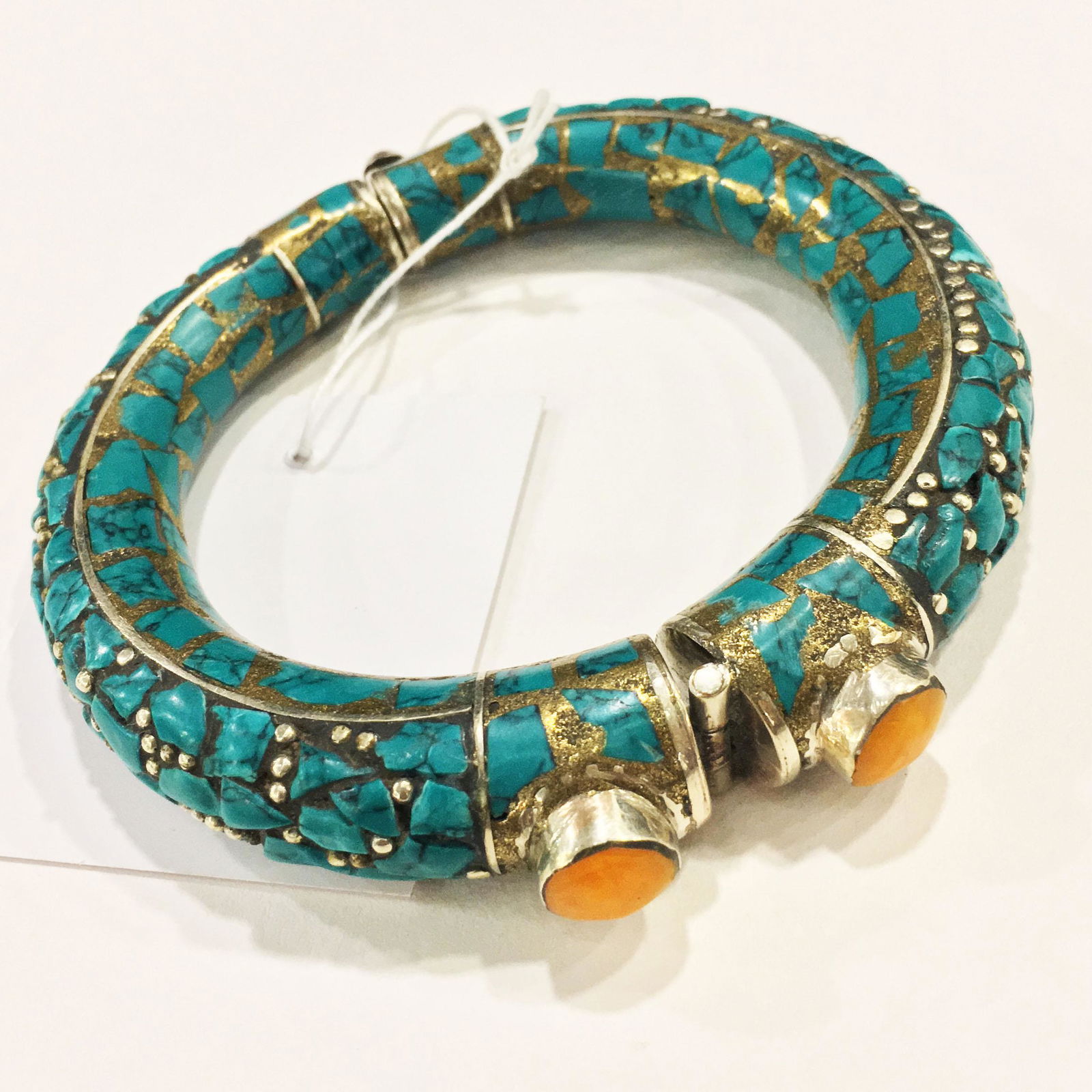 Tibetan Silver Turquoise & Amber Hand-Carved Bangle (1 of 3)