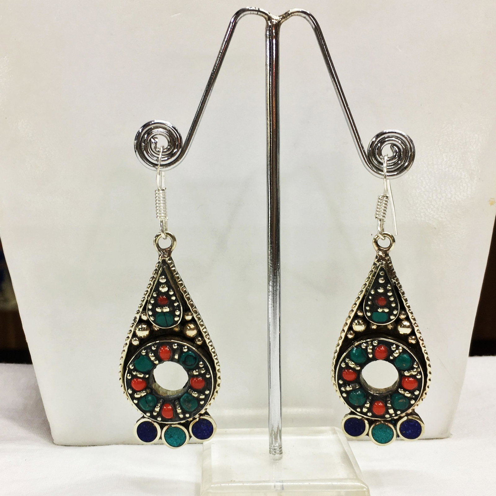 Tibetan Turquoise & Coral Handmade Chokar Earrings: Tibetan Handmade Ethnic EarringsMain Stone: LapisMetal: Tibetan SilverMaterial: StoneBrand: HandmadeStyle: BohemianEthnic Origin: TibetanCountry/Region of Manufacture: Nepal