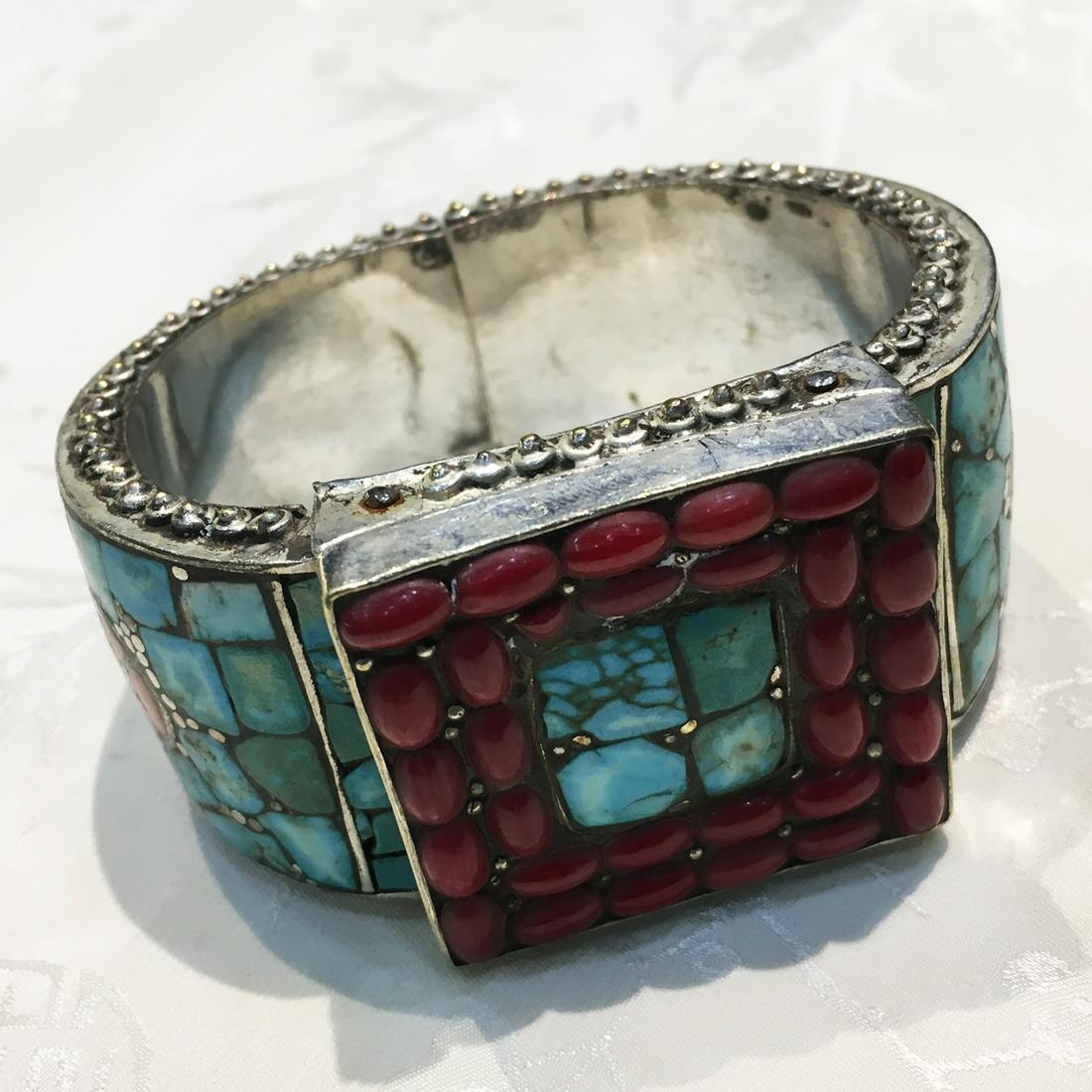 Vintage Turquoise & Coral Antique Handmade Bangle (1 of 3)