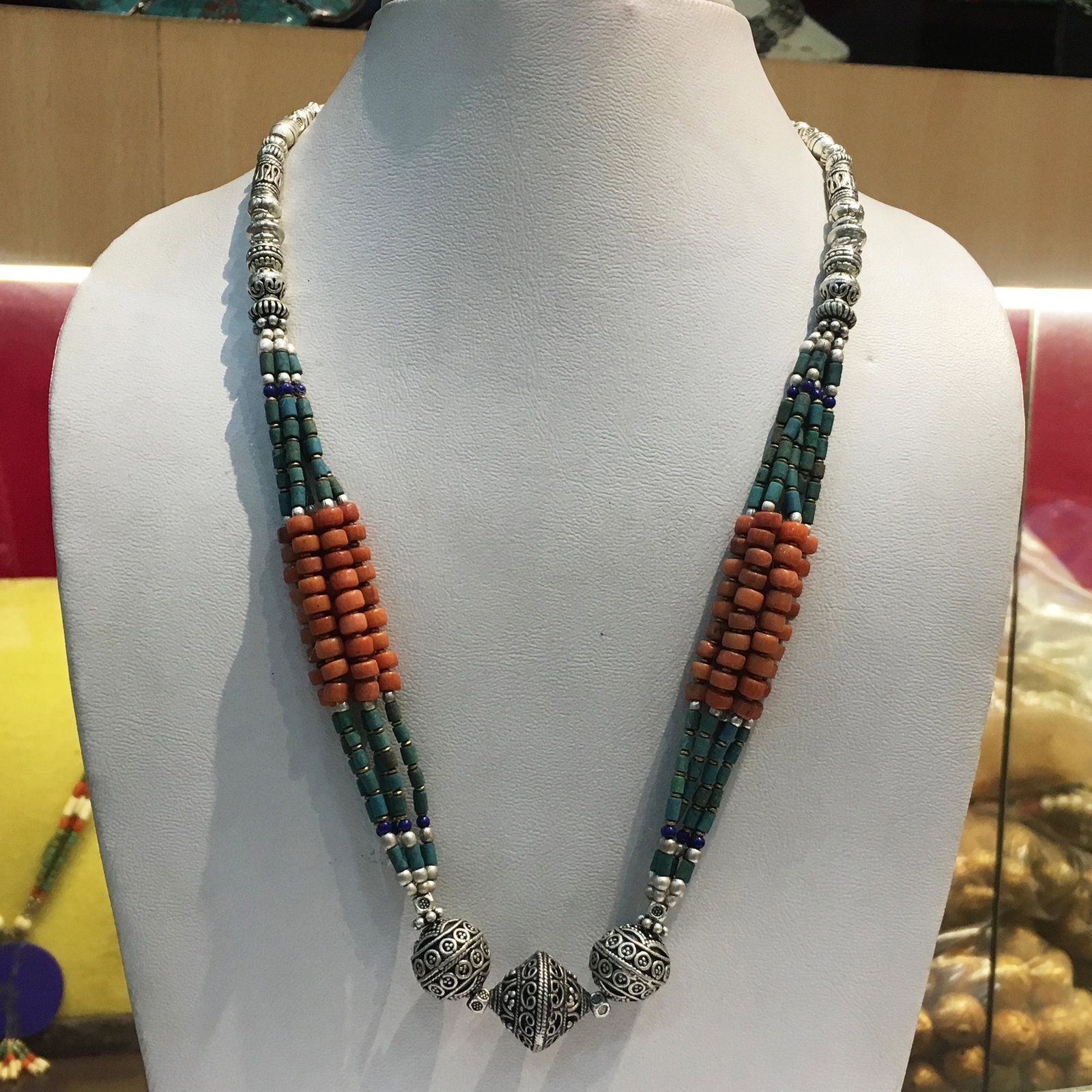 Natural Old Turquoise & Coral Beaded Necklace: Natural Old Turquoise & Coral NecklaceWeight: 66 Gram ApproxGemstones: Natural Turquoise & CoralGemstone Orgin: Coral from Taiwan & Turquoise from AfghanistanBrand: HandmadeNecklace Length: 18” Appr