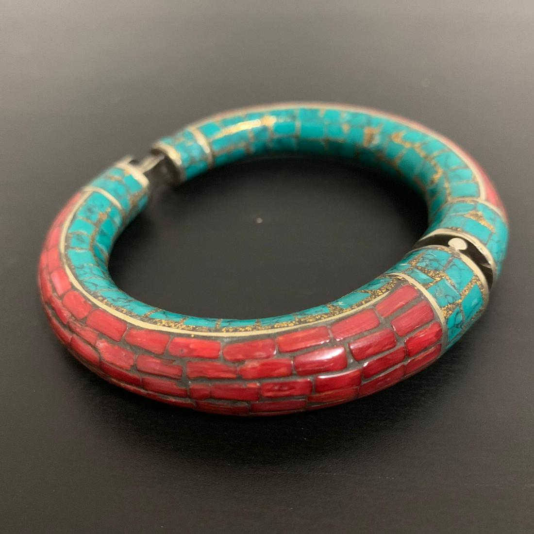 Sterling Silver Turquoise & Coral Tibetan Bangle (1 of 1)
