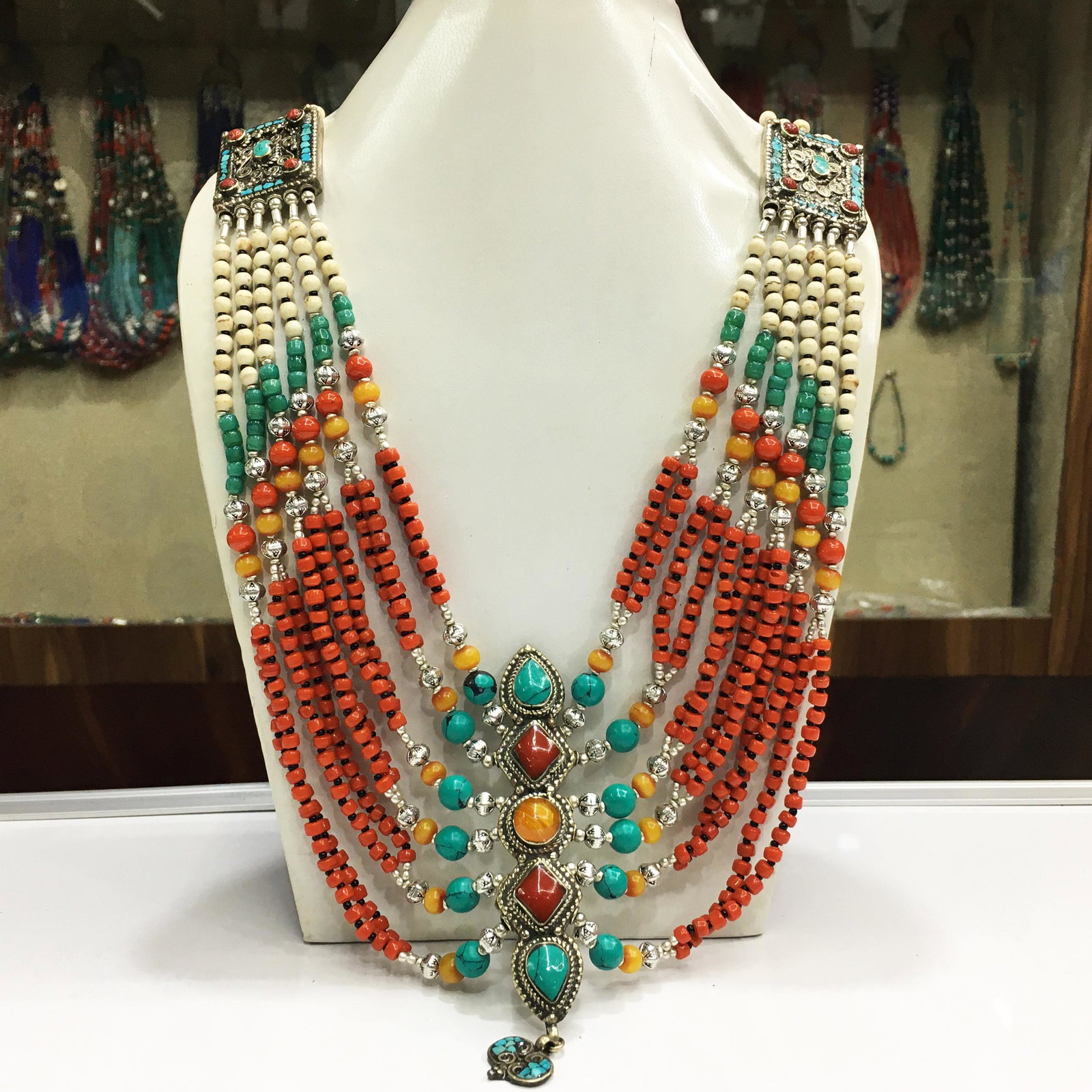 Tibetan Turquoise & Coral Handmade Chokar Necklace: Natural Old Turquoise & Coral NecklaceWeight: 80 Gram ApproxGemstones: Natural Turquoise & CoralBrand: HandmadeNecklace Length: 20” ApproxCountry/Region of Manufacture: Nepal