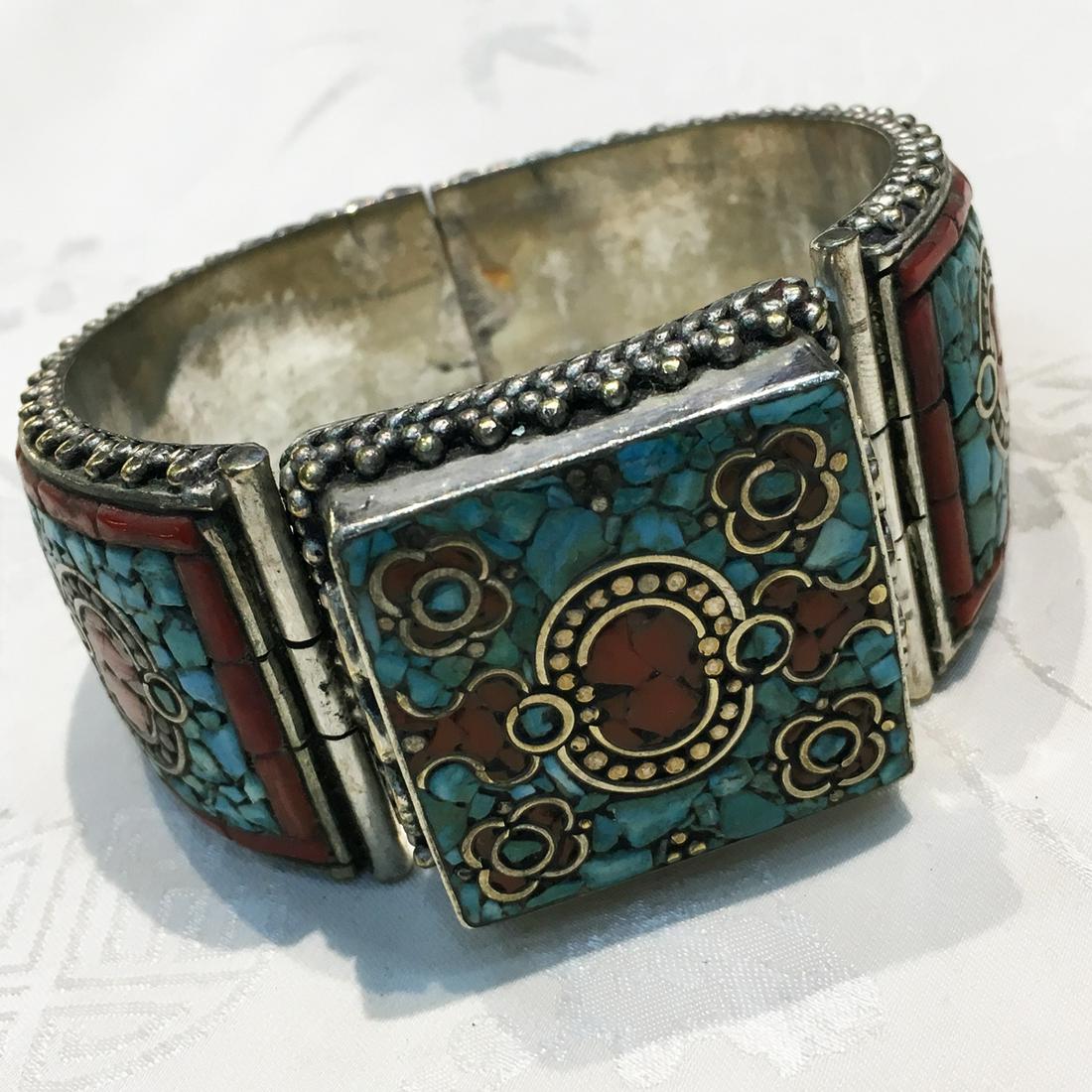 Gypsy Tibetan Designer Turquoise & Coral Bangle (1 of 4)