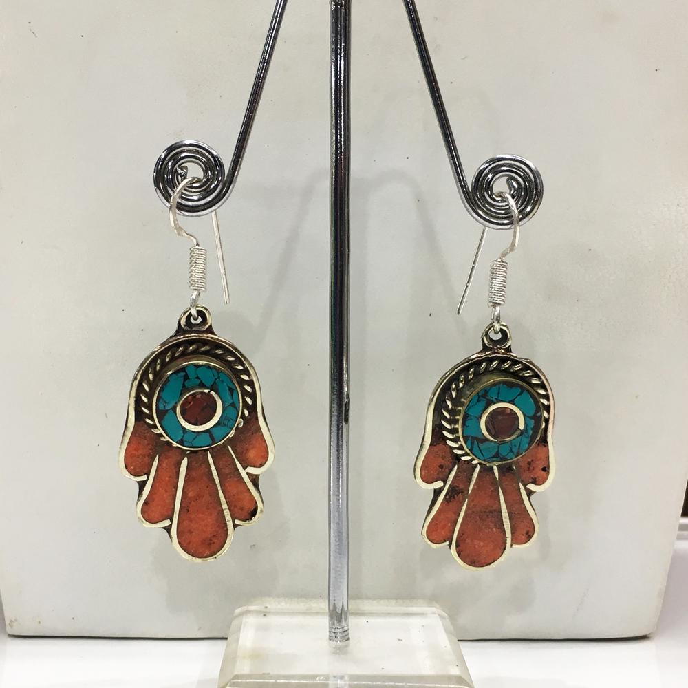 New Arrival Nepali Turquoise Coral Tibetan Earring: Tibetan Handmade Ethnic EarringsMain Stone: Turquoise, Coral & LapisMetal: Tibetan SilverMaterial: StoneBrand: HandmadeStyle: BohemianEthnic Origin: TibetanCountry/Region of Manufacture: Nepal