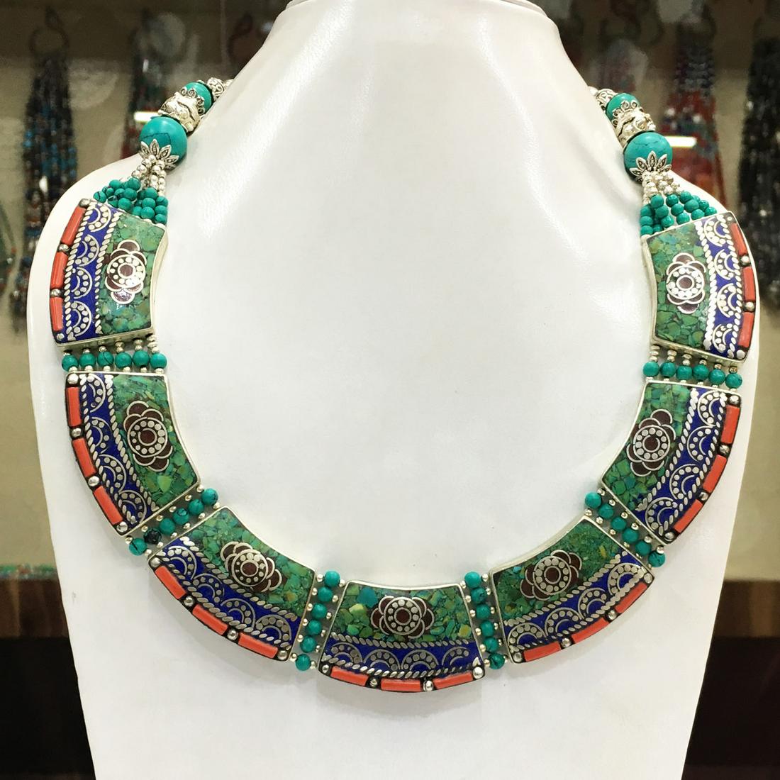 Tibetan Turquoise & Coral Handmade Chokar Necklace: Tibet Natural Stone Hand Made Turquoise, Coral & Lapis Necklace......This elegant Necklace was handcrafted in Tibet, the home of exquisite jewelry craftsmanship. It was skillfully made with large natu