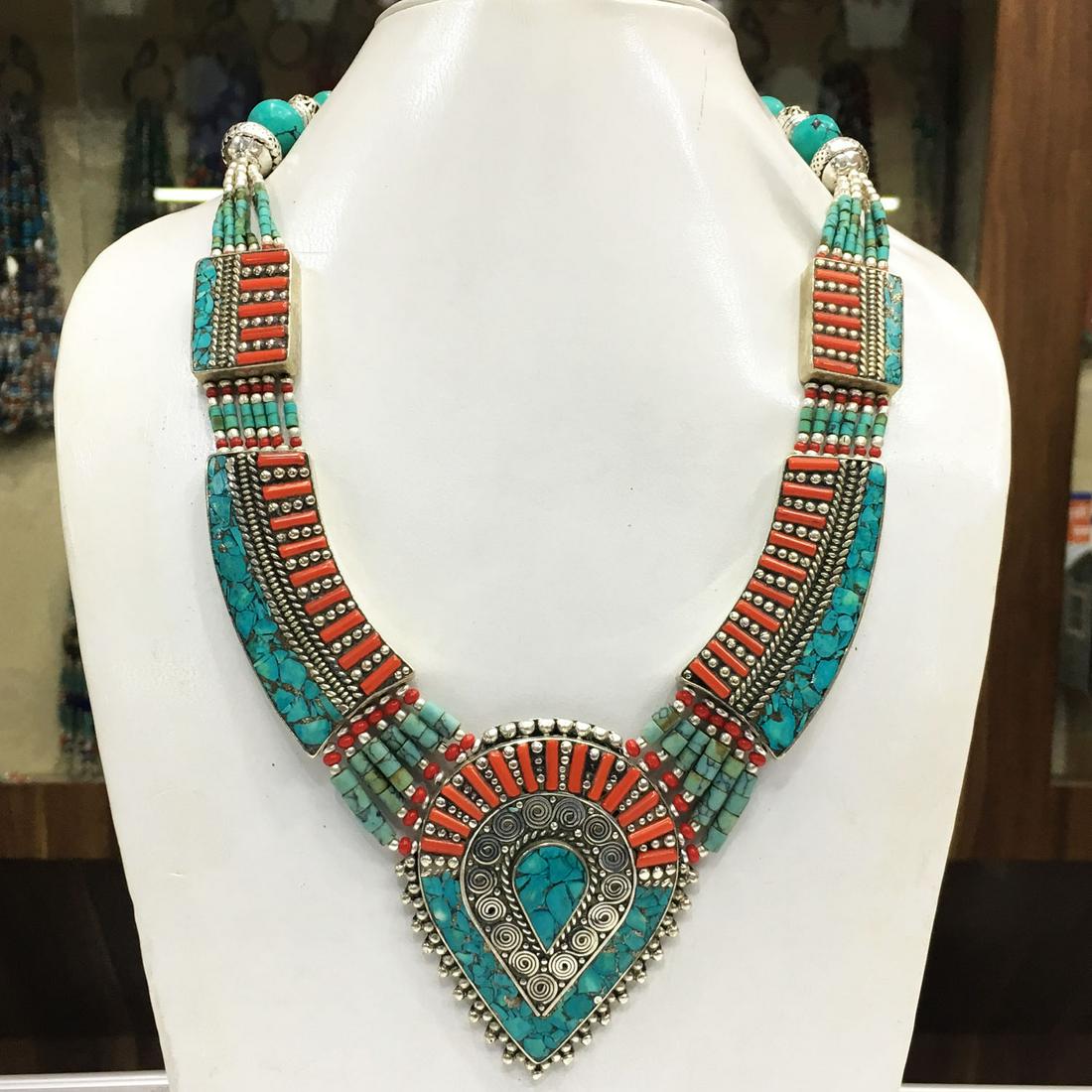 Tibetan Turquoise & Coral Handmade Chokar Necklace: Tibet Natural Stone Hand Made Turquoise, Coral & Lapis Necklace......This elegant Necklace was handcrafted in Tibet, the home of exquisite jewelry craftsmanship. It was skillfully made with large natu