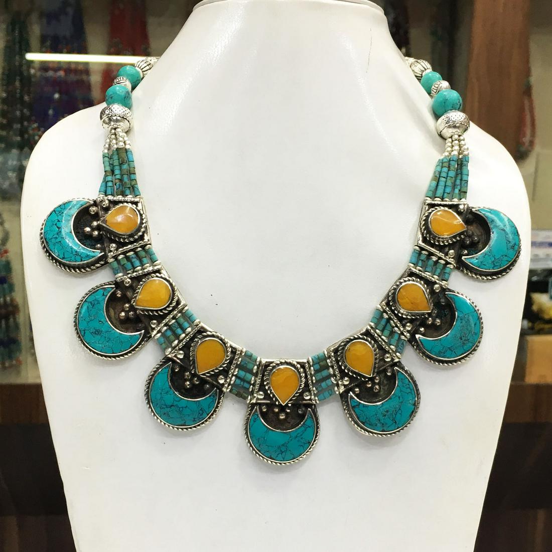Tibetan Turquoise & Amber Handmade Ethnic Necklace: Tibet Natural Stone Hand Made Turquoise, Coral & Lapis Necklace......This elegant Necklace was handcrafted in Tibet, the home of exquisite jewelry craftsmanship. It was skillfully made with large natu