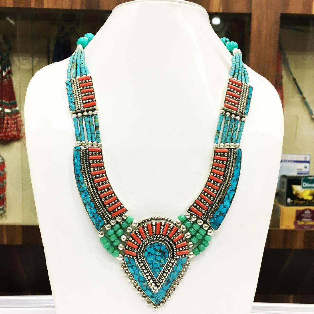 Tibetan Turquoise Handmade Chokar Ethnic Necklace: Tibet Natural Stone Hand Made Turquoise, Coral & Lapis Necklace......This elegant Necklace was handcrafted in Tibet, the home of exquisite jewelry craftsmanship. It was skillfully made with large natu