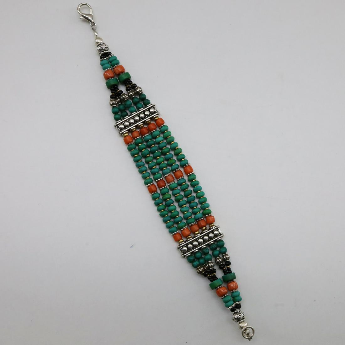 Tibetan Old Turquoise Handmade Ethnic Beaded Bracelet: Tibet Natural Stone Hand Made Turquoise, Coral & Lapis Bracelet......This elegant Bracelet was handcrafted in Tibet, the home of exquisite jewelry craftsmanship. It was skillfully made with large natu