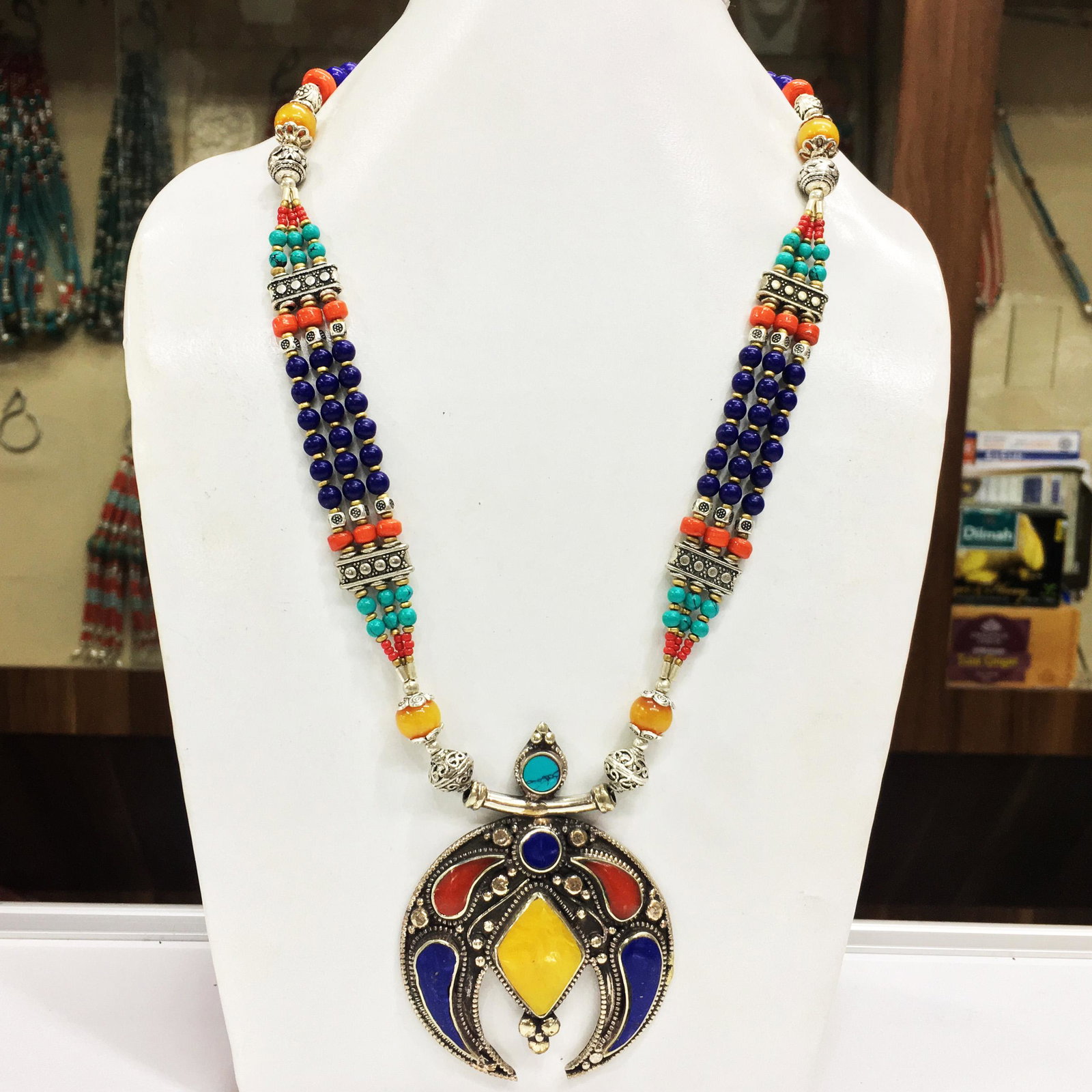 Natural Turquoise & Amber Handmade Ethnic Long Necklace: Tibet Natural Stone Hand Made Turquoise, Coral & Lapis Necklace......This elegant Necklace was handcrafted in Tibet, the home of exquisite jewelry craftsmanship. It was skillfully made with large natu