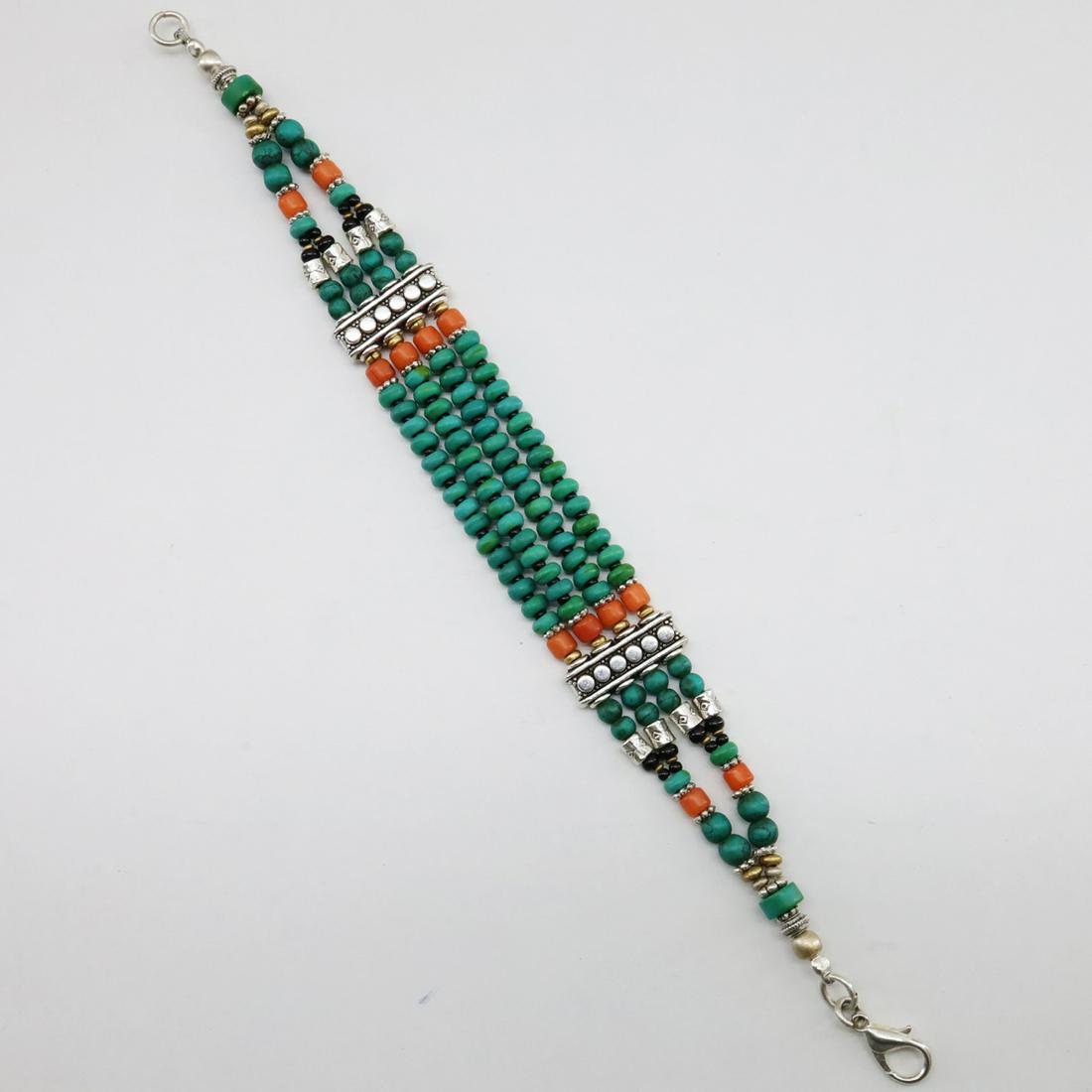 Tibetan Old Turquoise Handmade Beaded Bracelet: Tibet Natural Stone Hand Made Turquoise, Coral & Lapis Bracelet......This elegant Bracelet was handcrafted in Tibet, the home of exquisite jewelry craftsmanship. It was skillfully made with large natu