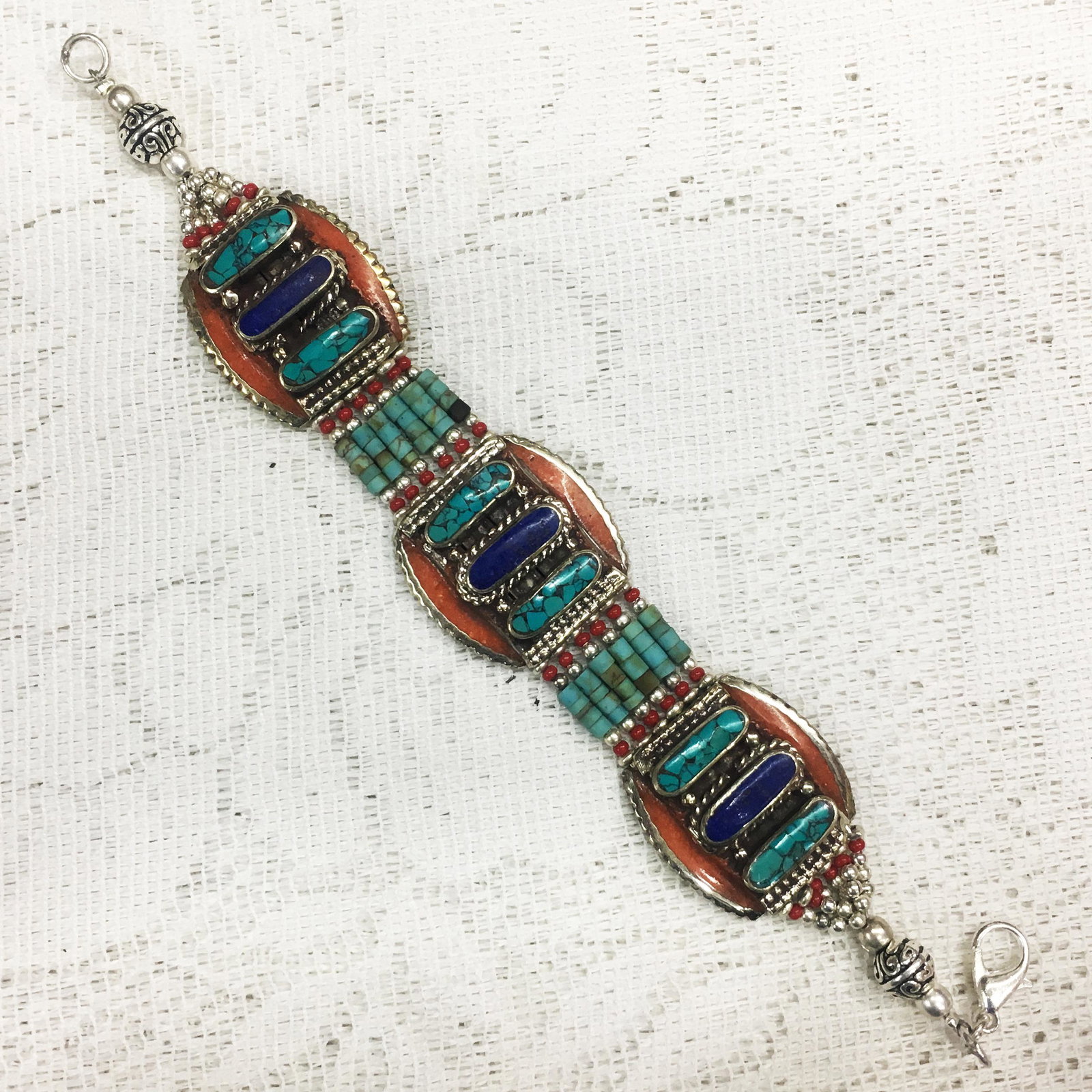 Gypsy Ethnic Turquoise Choker Handmade Bracelet: TIBETAN TURQUOISE & CORAL HANDMADE BRACELETWeight: 30 Gram ApproxGemstones: Turquoise & Coral, LapisBrand: HandmadeBracelet Length: 6 to 7 InchCountry/Region of Manufacture: Kathmandu/Nepal