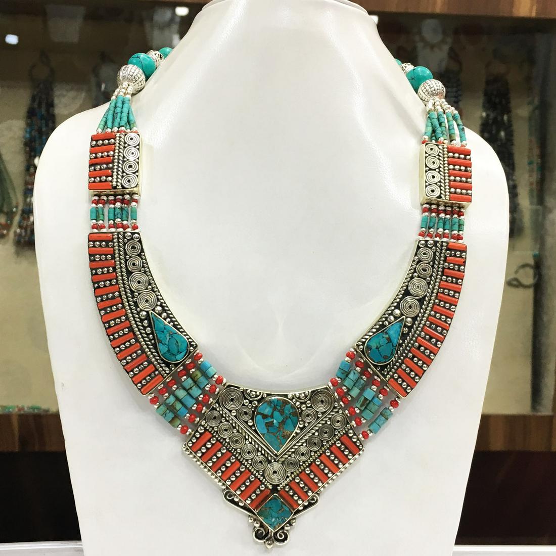 Tibetan Turquoise & Coral Handmade Chokar Necklace: Tibet Natural Stone Hand Made Turquoise, Coral & Lapis Necklace......This elegant Necklace was handcrafted in Tibet, the home of exquisite jewelry craftsmanship. It was skillfully made with large natu