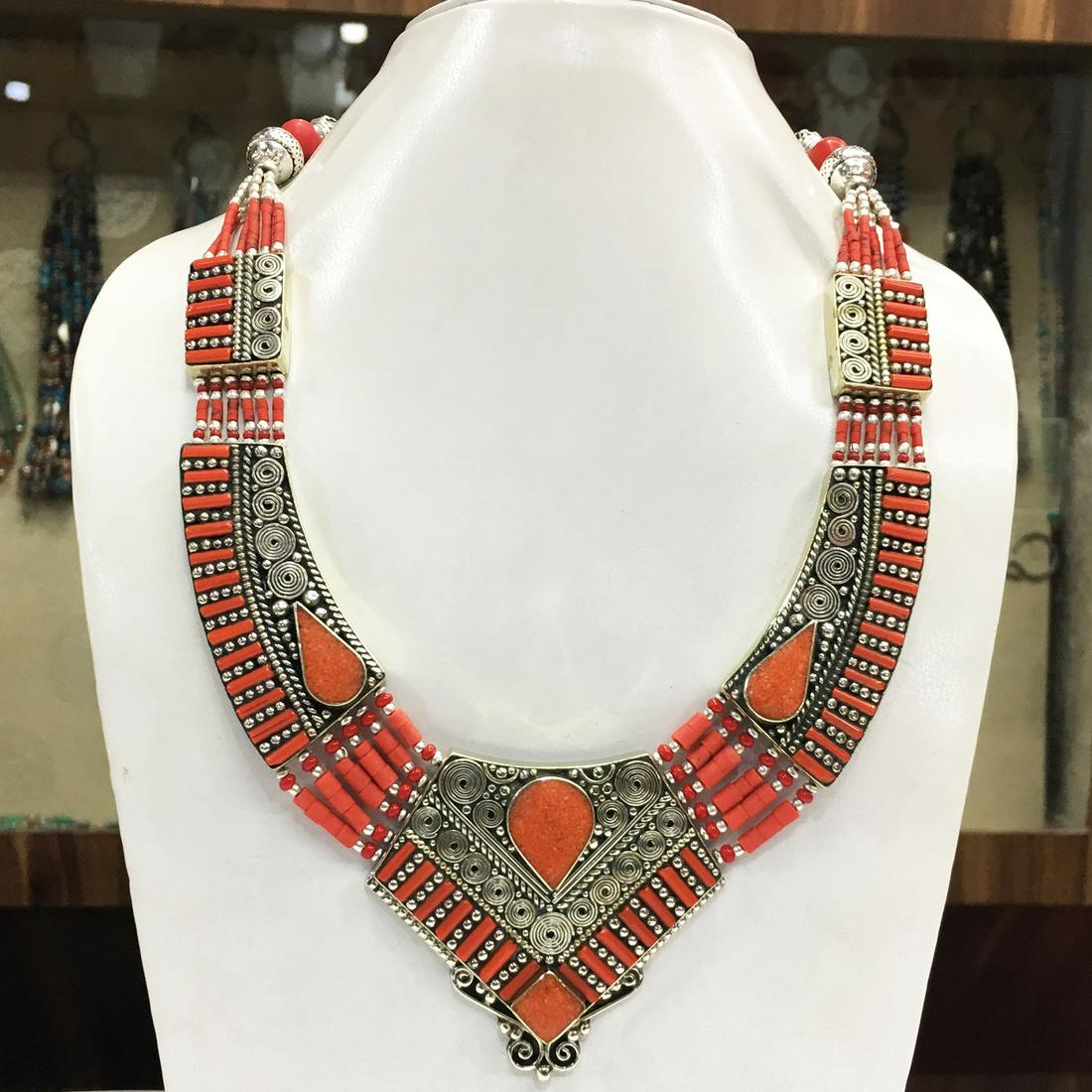 Tibetan Natural Coral Handmade Chokar Necklace: Tibet Natural Stone Hand Made Turquoise, Coral & Lapis Necklace......This elegant Necklace was handcrafted in Tibet, the home of exquisite jewelry craftsmanship. It was skillfully made with large natu