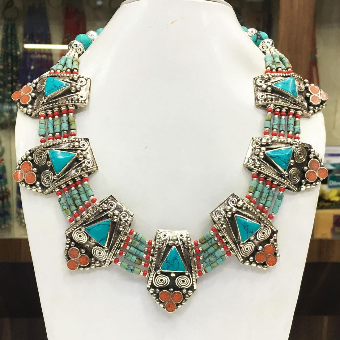 Tibetan Natural Turquoise Handmade Chokar Necklace: Tibet Natural Stone Hand Made Turquoise, Coral & Lapis Necklace......This elegant Necklace was handcrafted in Tibet, the home of exquisite jewelry craftsmanship. It was skillfully made with large natu
