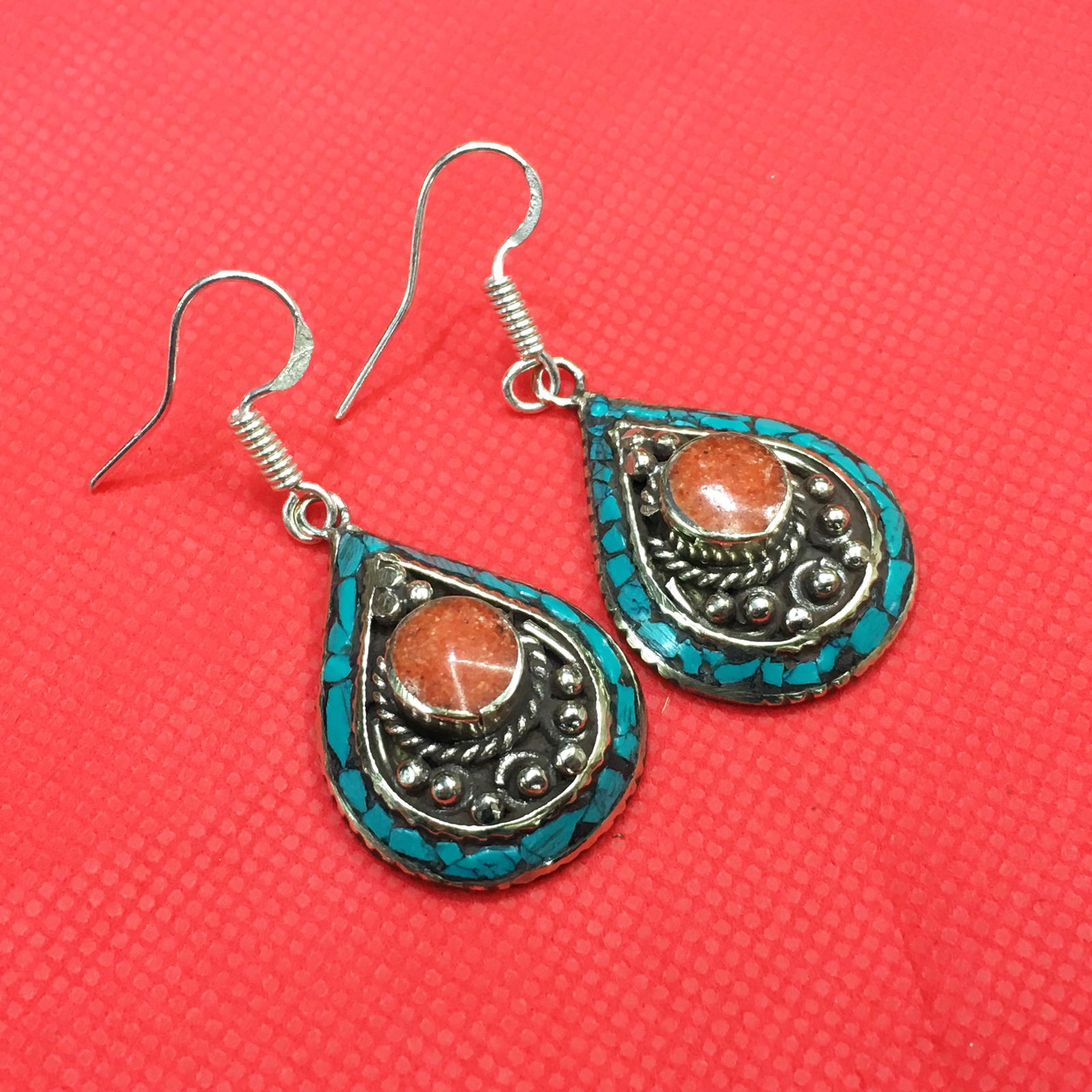 Tibetan Turquoise & Coral Handmade Chokar Earrings (1 of 1)