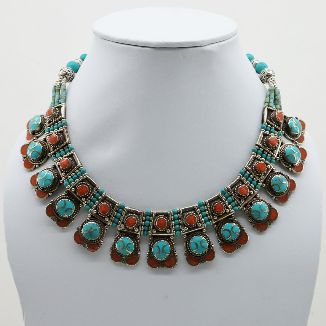 Tibetan Turquoise & Coral Ethnic Chokar Necklace (1 of 2)