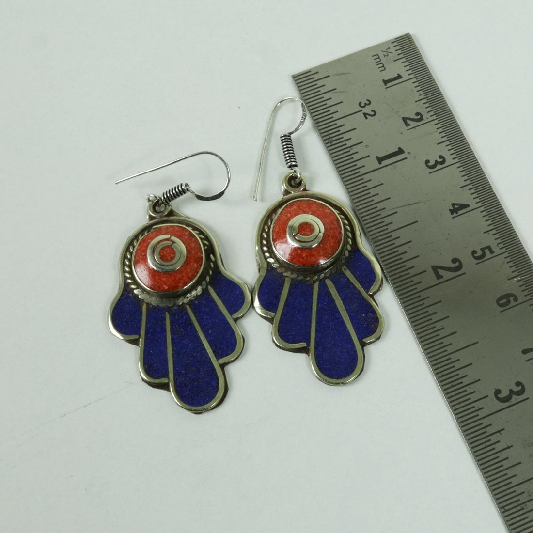 Tibetan Coral & Lapis Handmade Fatima hand Earrings (1 of 3)