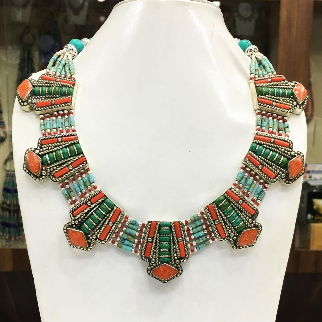 Tibetan Turquoise & Coral Handmade Chokar Necklace: Tibet Natural Stone Hand Made Turquoise, Coral & Lapis Necklace......This elegant Necklace was handcrafted in Tibet, the home of exquisite jewelry craftsmanship. It was skillfully made with large natu