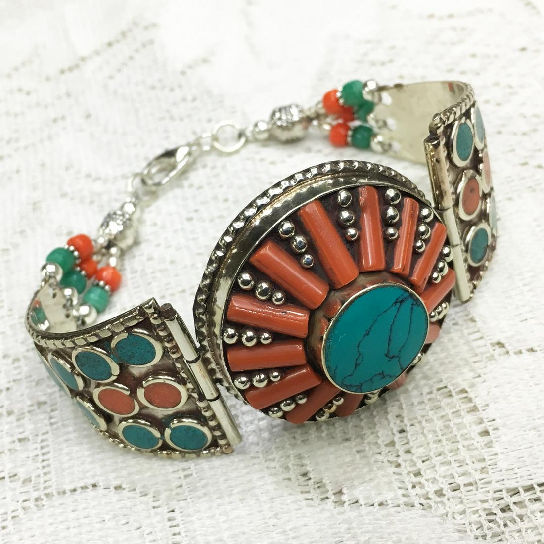 Tibetan Turquoise & Coral Handmade Statement Bracelet (1 of 2)